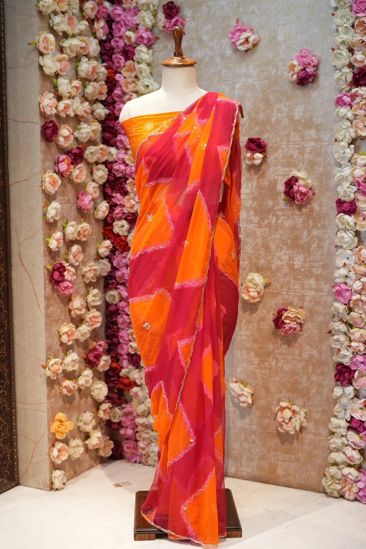 Pure Georgette Dual Tone Saree with Handcrafted Cut Dana & Mirror Zari Embroidery (with Blouse)