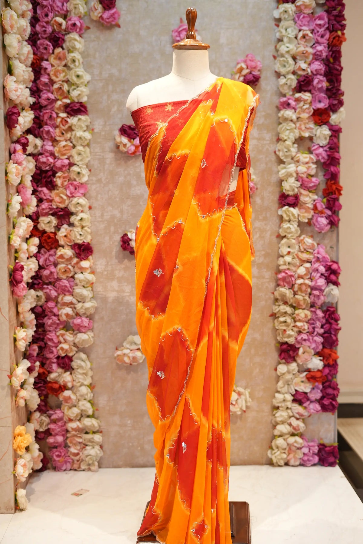 Pure Georgette Dual Tone Saree with Handcrafted Cut Dana & Mirror Zari Embroidery (with Blouse)