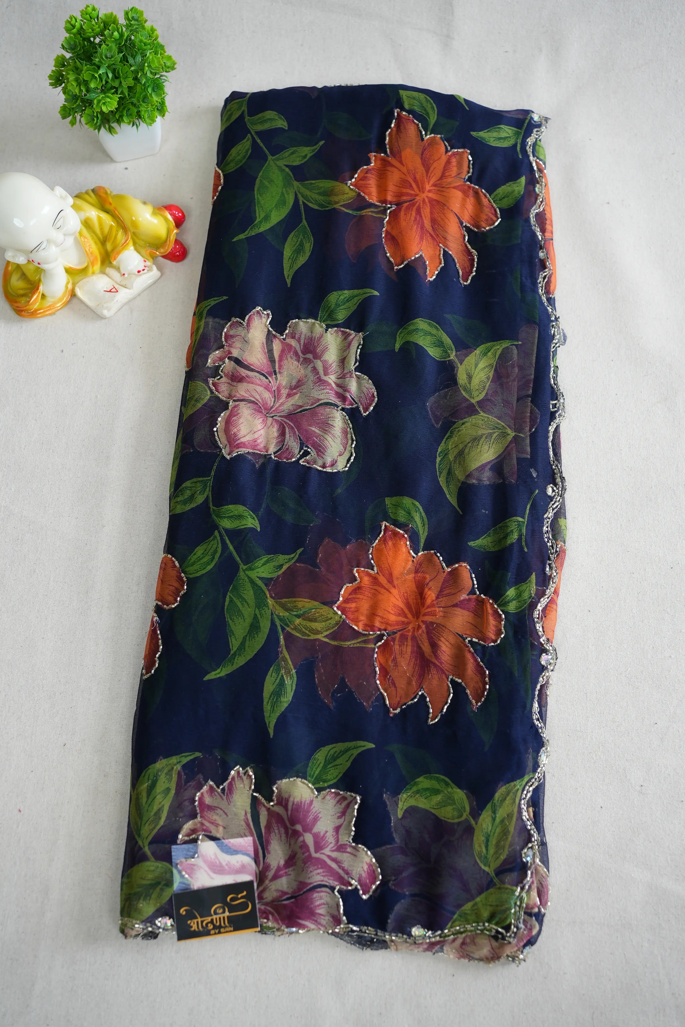 FLORAL PRINT ON NAZMIN CHIFFON FABRIC WITH CUTDANA WORK