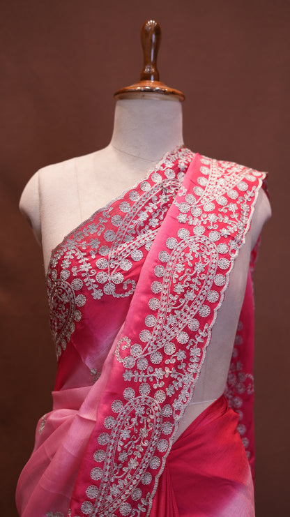 ROYAL CREPE FABRIC SAREE IN DOUBLE TONE WITH BUTI AND AARI WORK BORDER  (WITH AARI WORK BLOUSE ) ##SR611