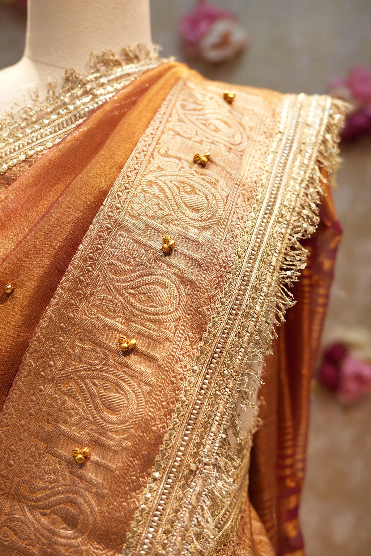Pure Handloom Tissue Silk Ghungroo Saree with Zari Border & Sabyasachi Style Lace (with Blouse)