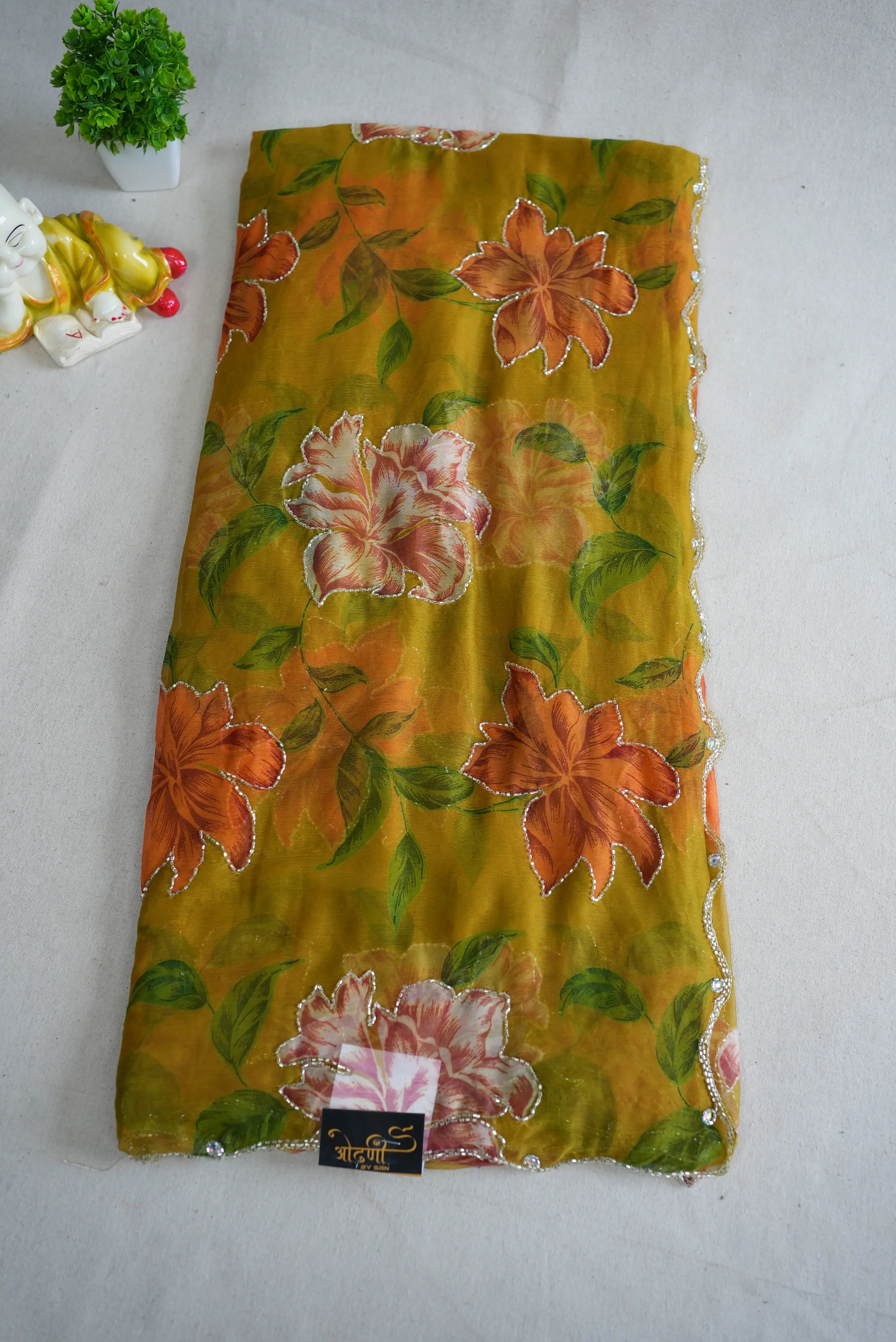 FLORAL PRINT ON NAZMIN CHIFFON FABRIC WITH CUTDANA WORK