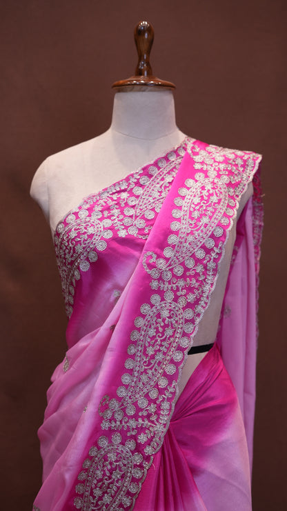 ROYAL CREPE FABRIC SAREE IN DOUBLE TONE WITH BUTI AND AARI WORK BORDER  (WITH AARI WORK BLOUSE ) ##SR611