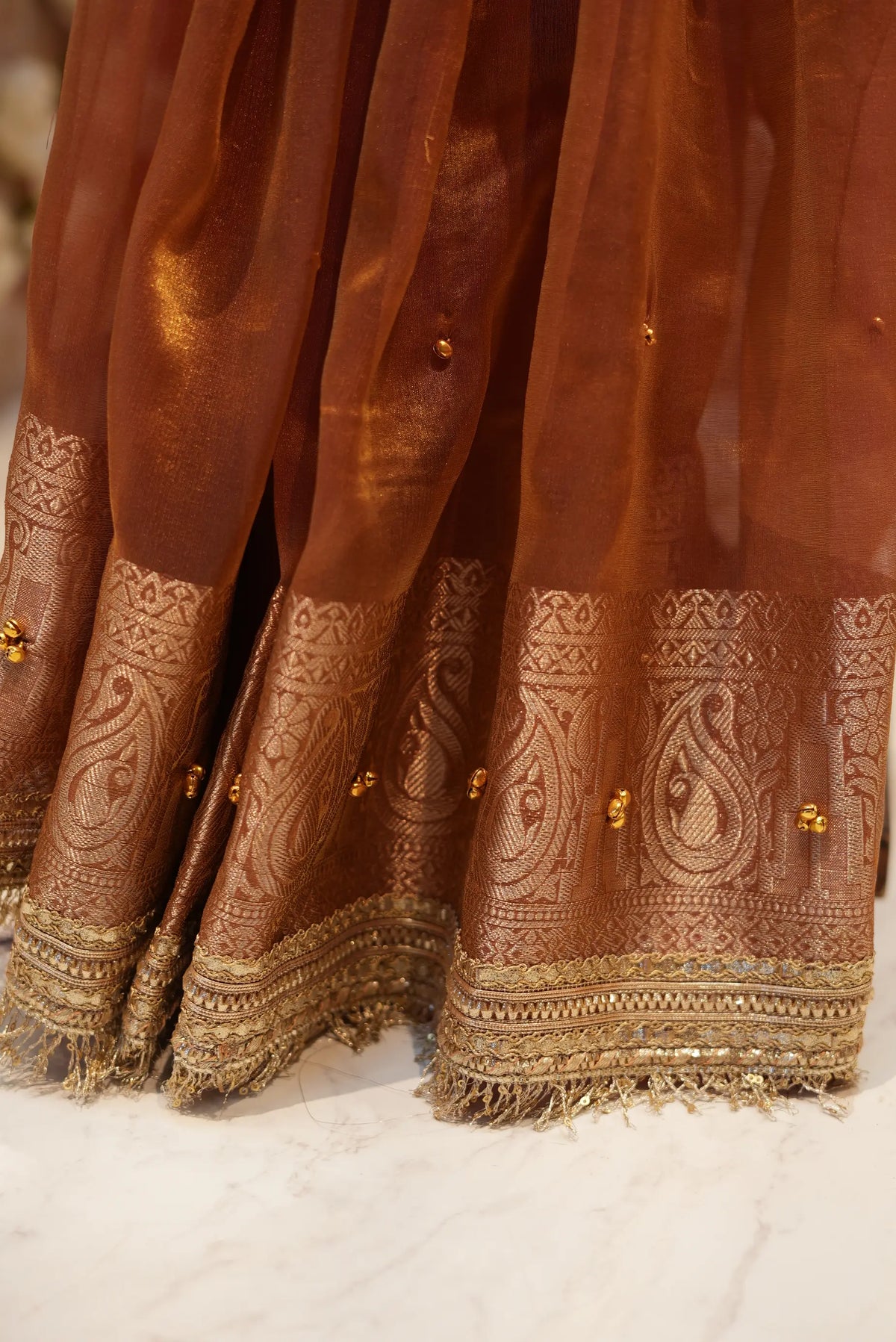 Pure Handloom Tissue Silk Ghungroo Saree with Zari Border & Sabyasachi Style Lace (with Blouse)