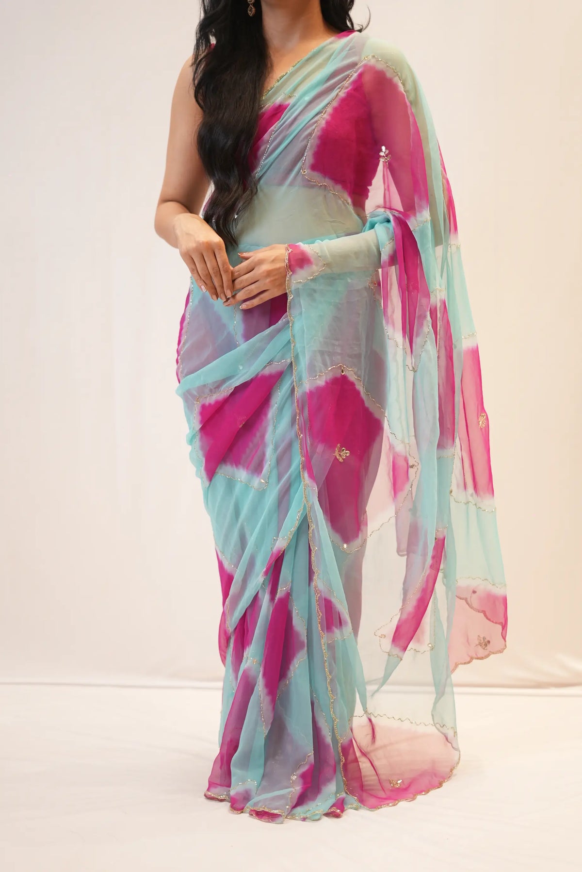 Pure Georgette Dual Tone Saree with Handcrafted Cut Dana & Mirror Zari Embroidery (with Blouse)