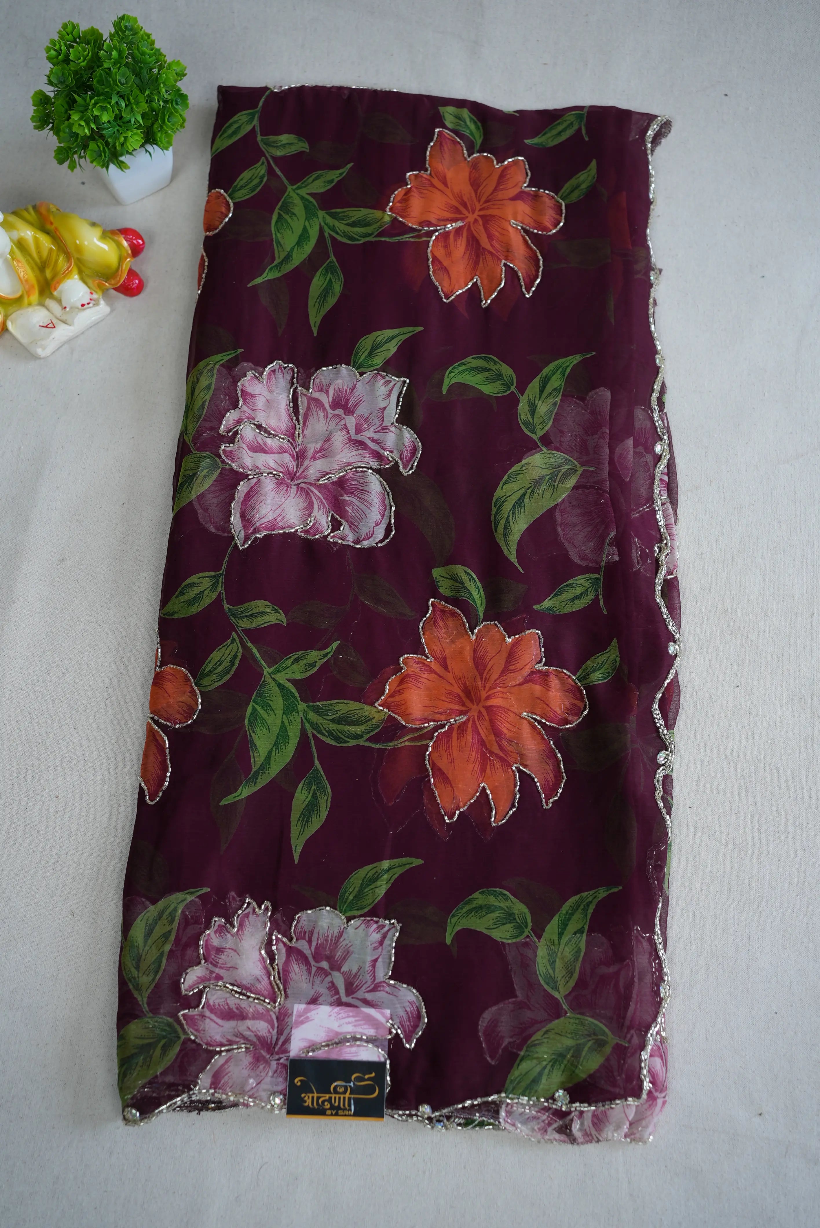 FLORAL PRINT ON NAZMIN CHIFFON FABRIC WITH CUTDANA WORK