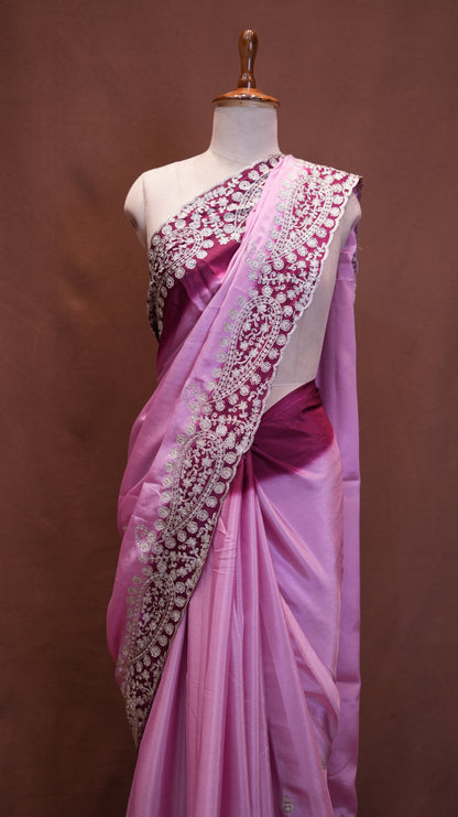ROYAL CREPE FABRIC SAREE IN DOUBLE TONE WITH BUTI AND AARI WORK BORDER  (WITH AARI WORK BLOUSE ) ##SR611