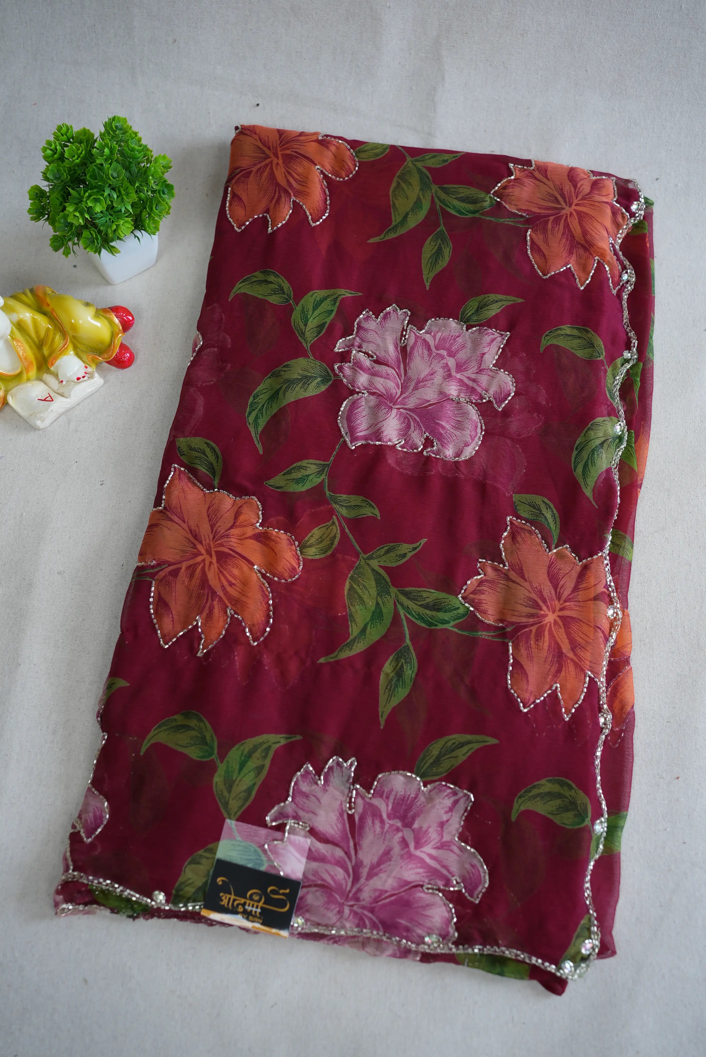 FLORAL PRINT ON NAZMIN CHIFFON FABRIC WITH CUTDANA WORK