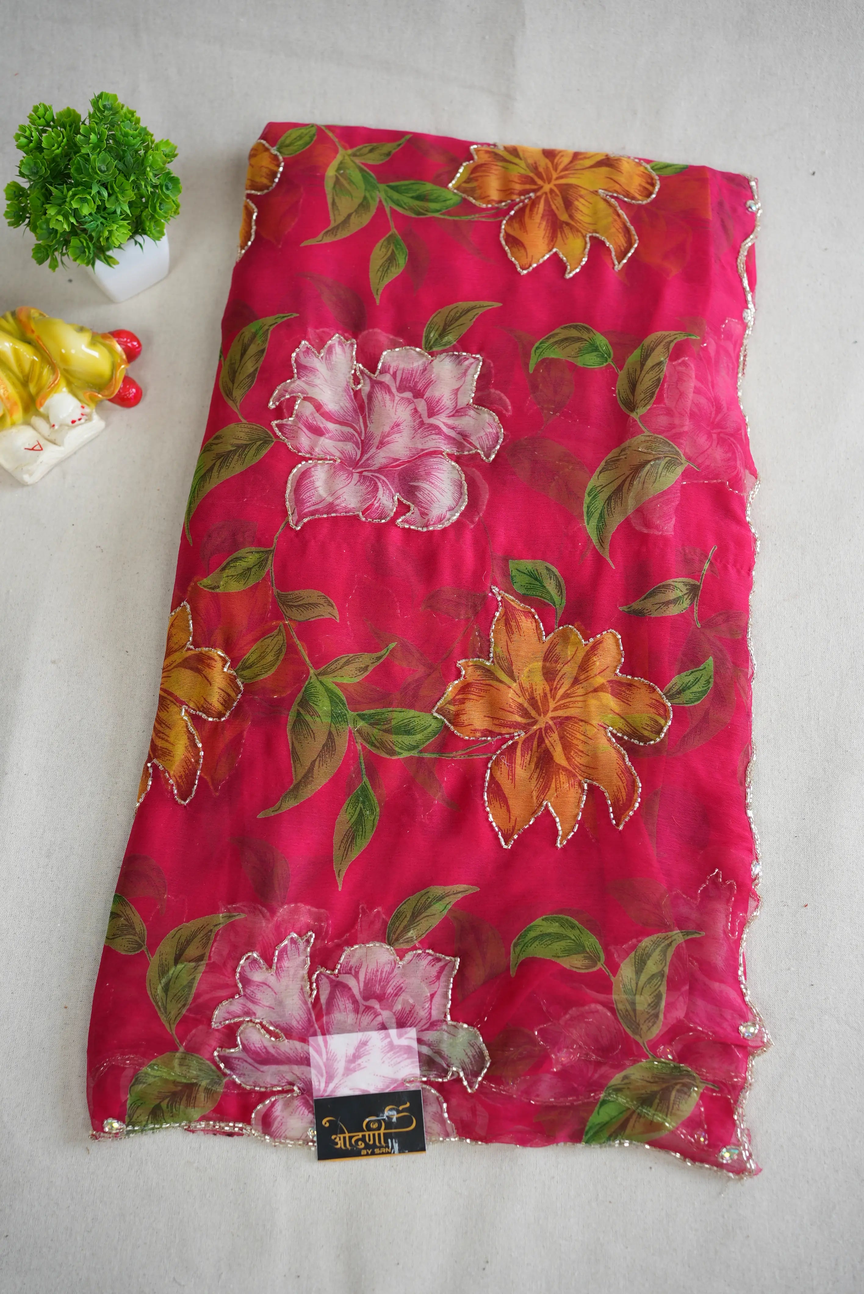 FLORAL PRINT ON NAZMIN CHIFFON FABRIC WITH CUTDANA WORK