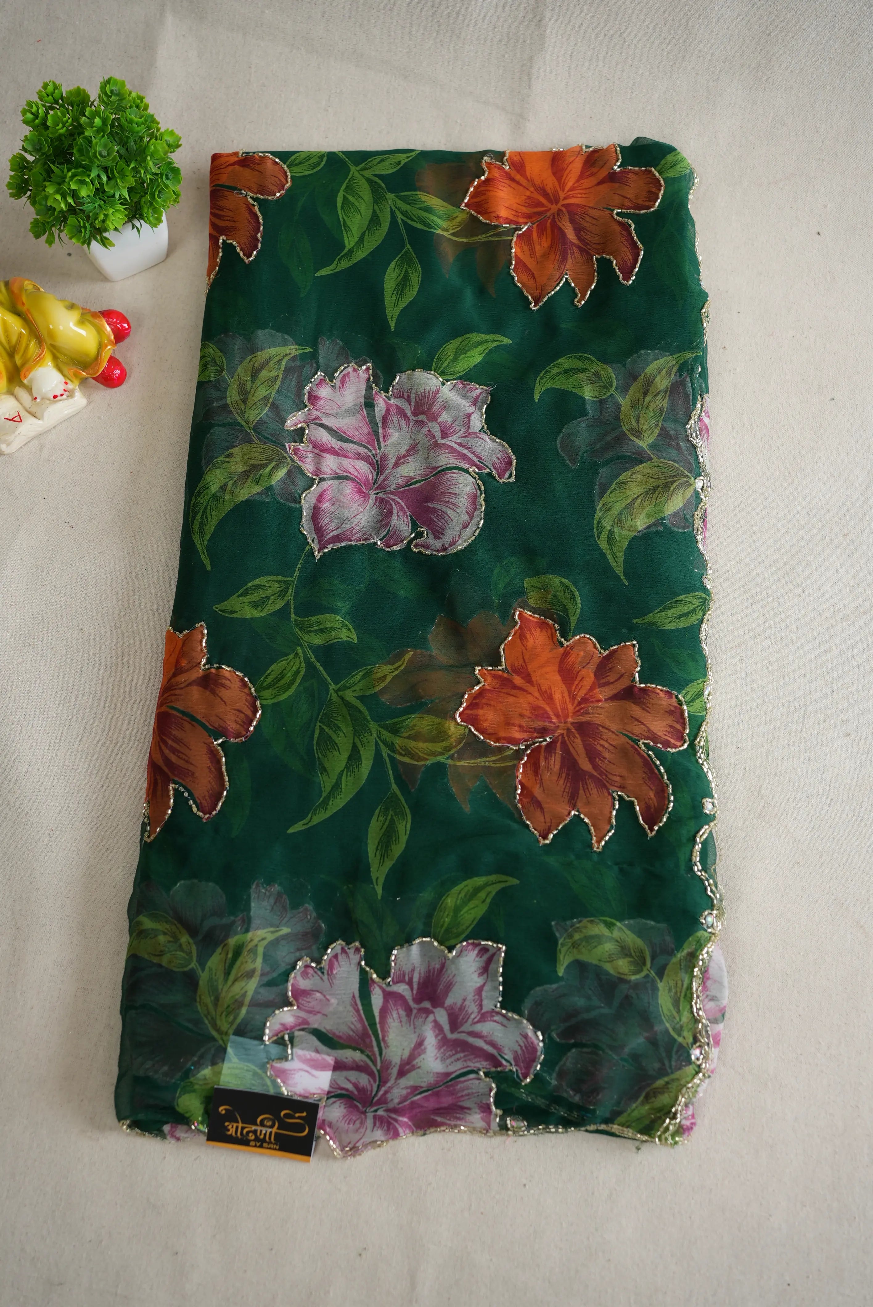 FLORAL PRINT ON NAZMIN CHIFFON FABRIC WITH CUTDANA WORK