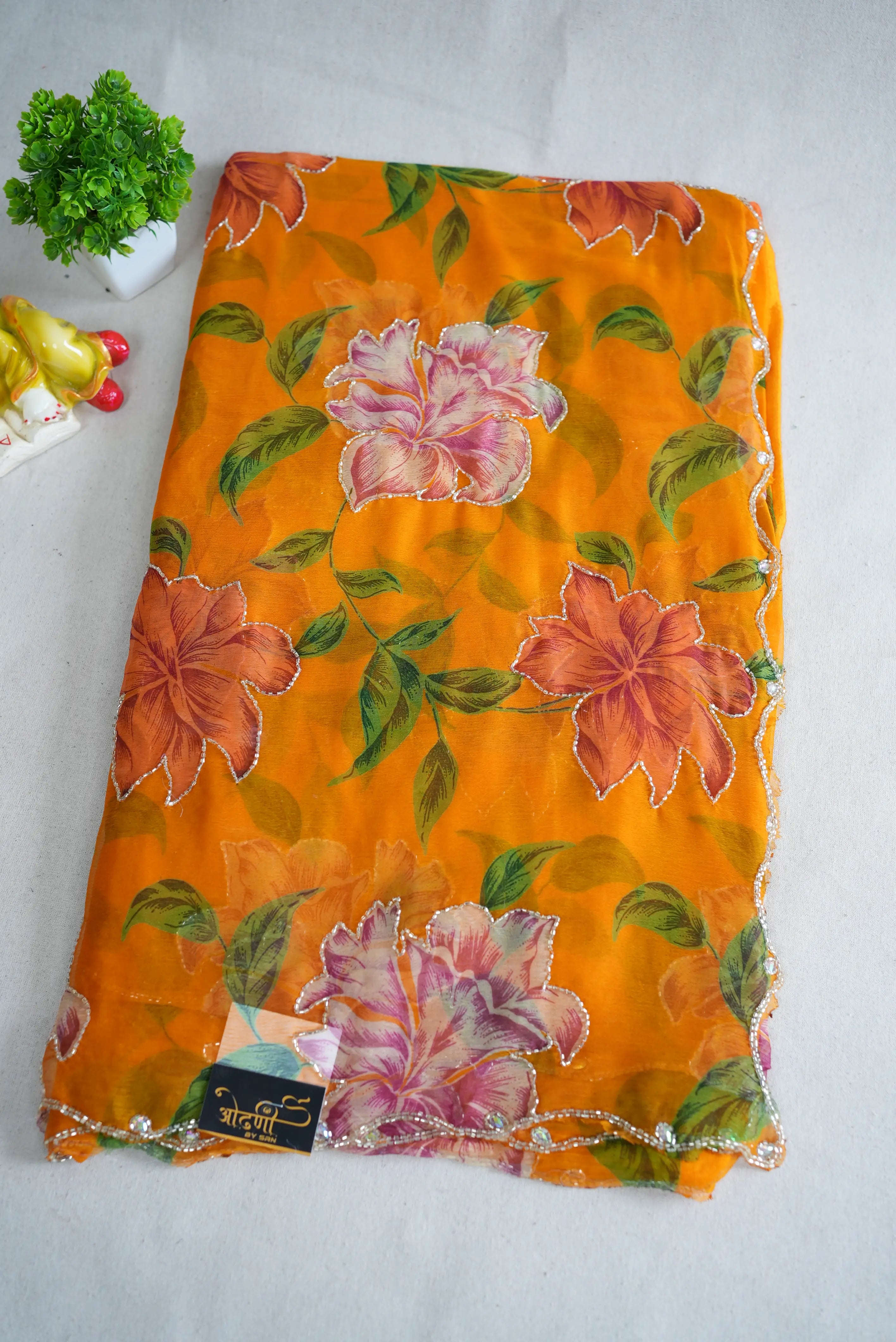 FLORAL PRINT ON NAZMIN CHIFFON FABRIC WITH CUTDANA WORK