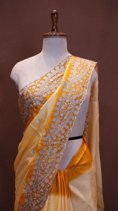 ROYAL CREPE FABRIC SAREE IN DOUBLE TONE WITH BUTI AND AARI WORK BORDER  (WITH AARI WORK BLOUSE ) ##SR611