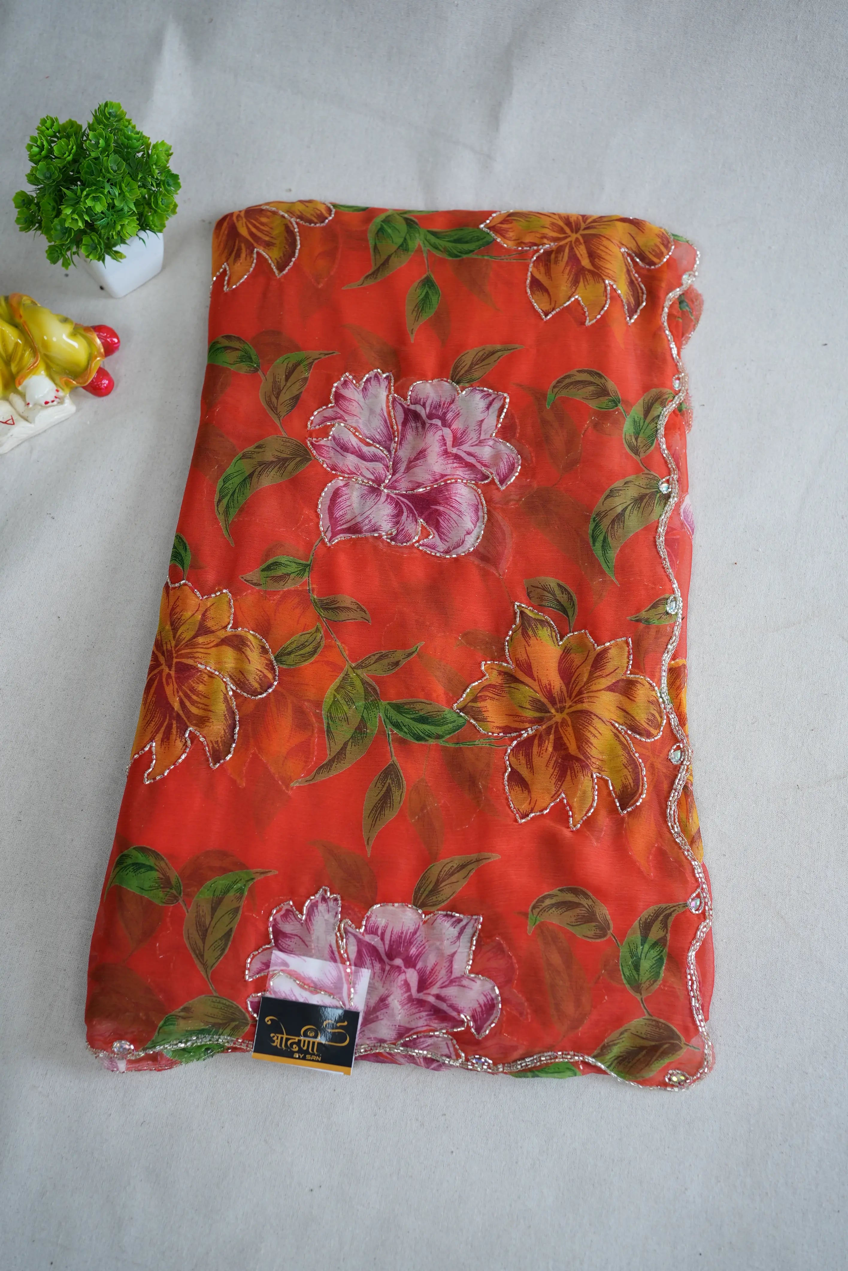 FLORAL PRINT ON NAZMIN CHIFFON FABRIC WITH CUTDANA WORK