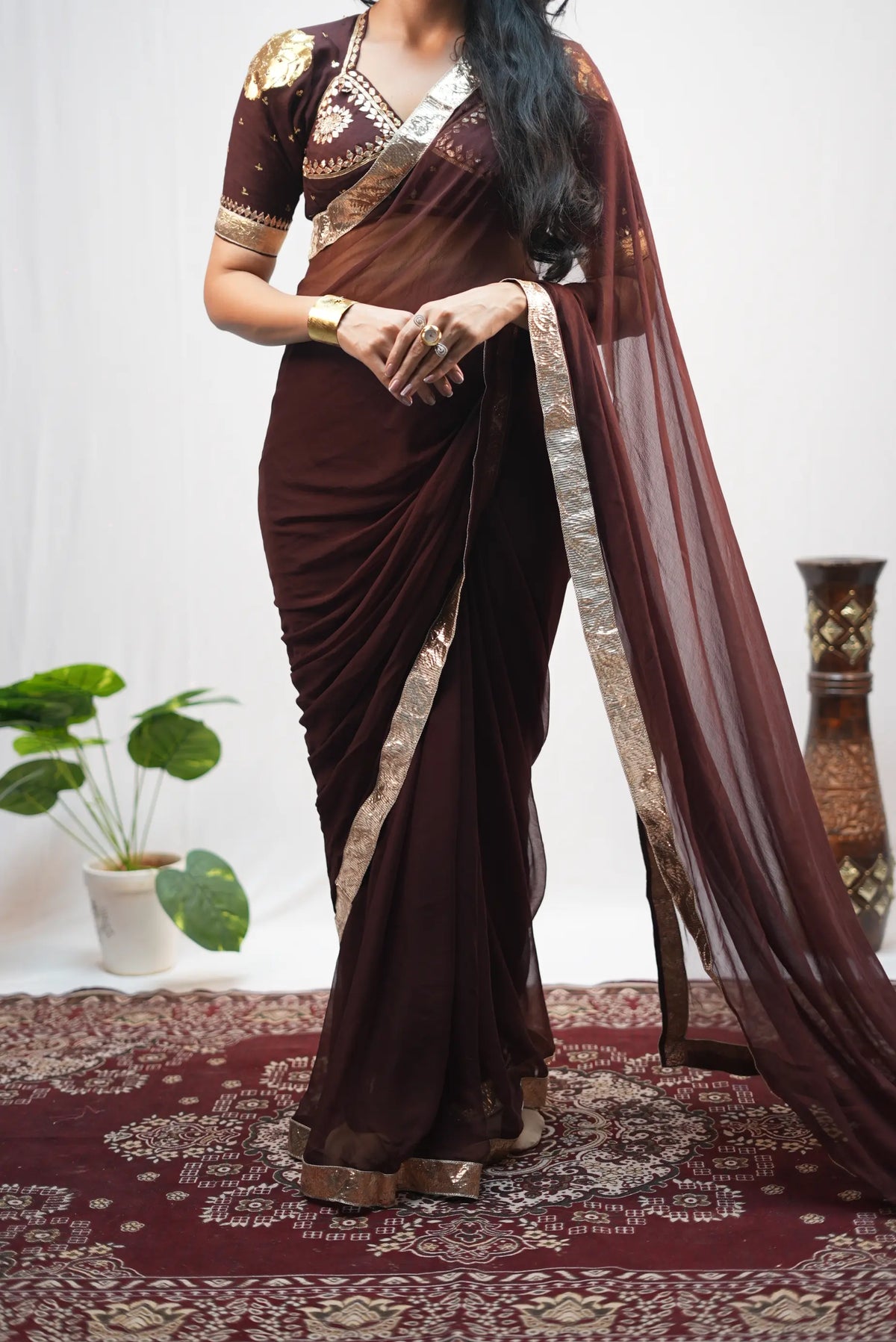 Full length view of model wearing Coffee Brown Pure Chiffon Saree with Shakti Aangi Blouse