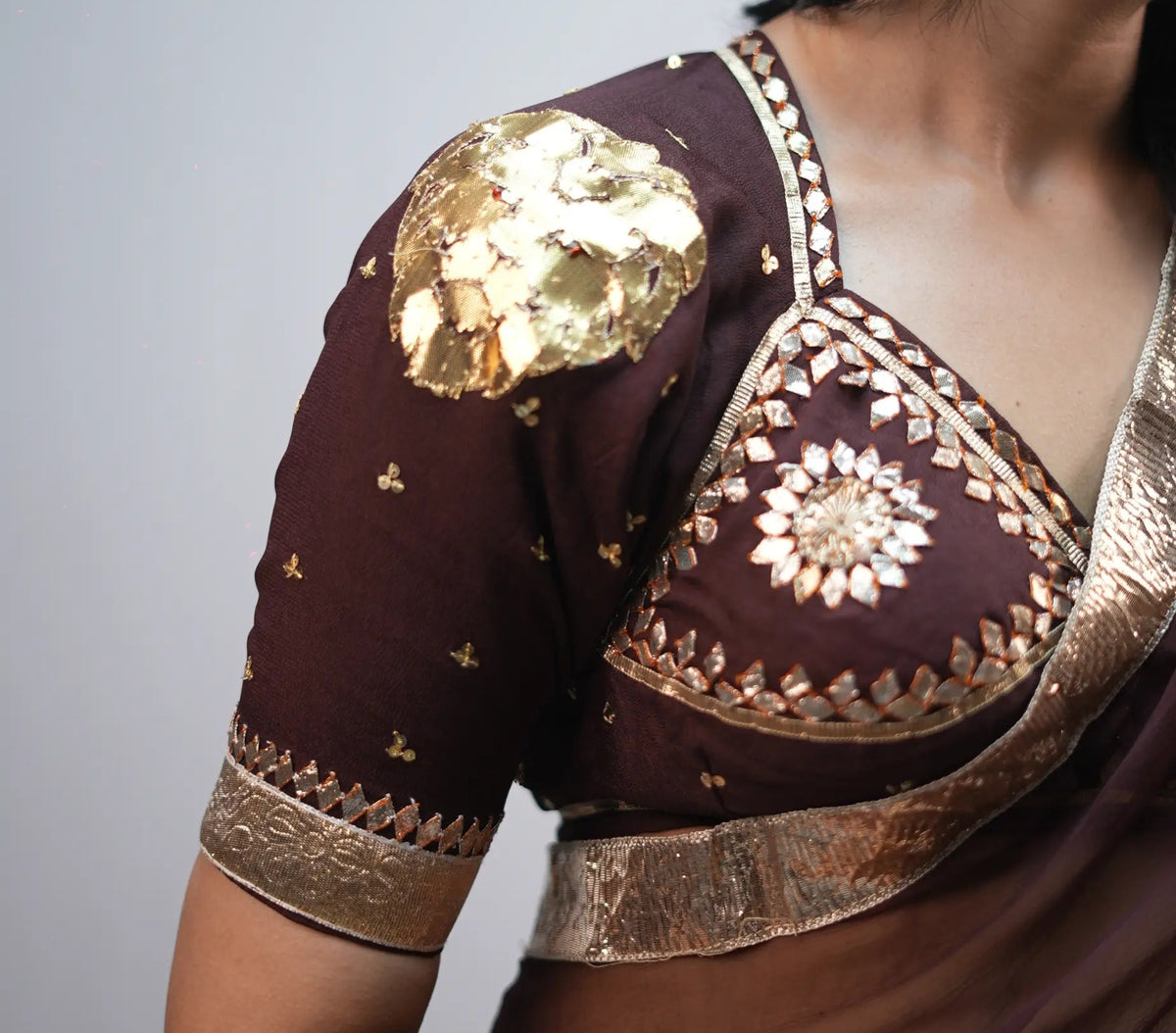Close-up of Shakti Aangi Blouse showing Shoulder Lion Motif and Deep V Neckline