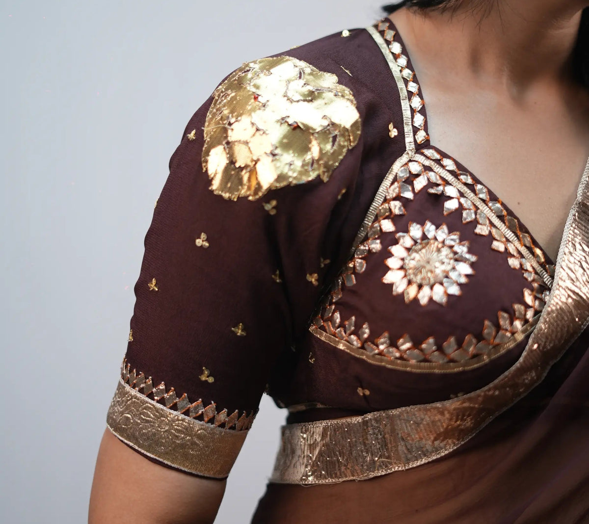 Side angle view of Pure Chinon Shakti Aangi Blouse with Kharra Gotta Work
