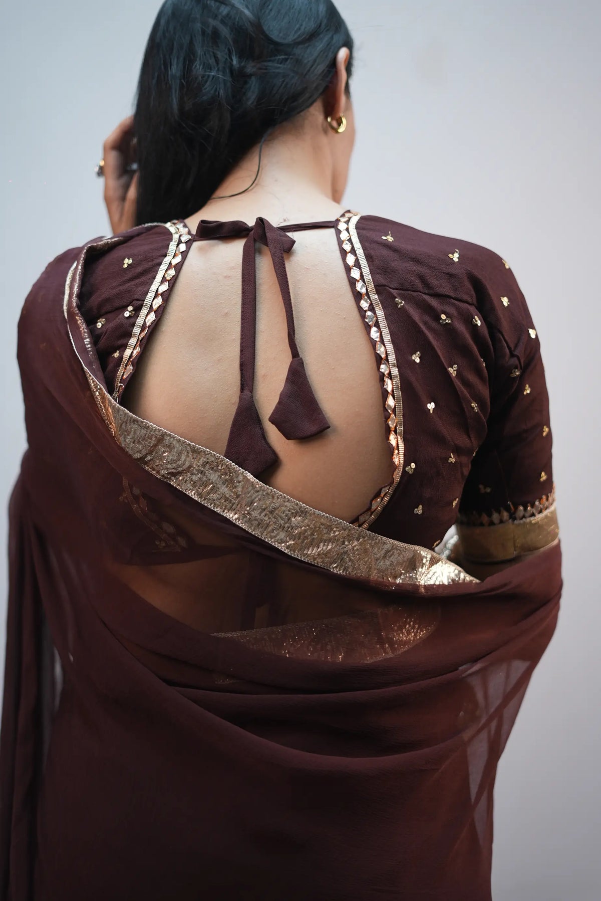 Back view of Coffee Brown Shakti Aangi Chinon Blouse with Dori and Gotta Detailing