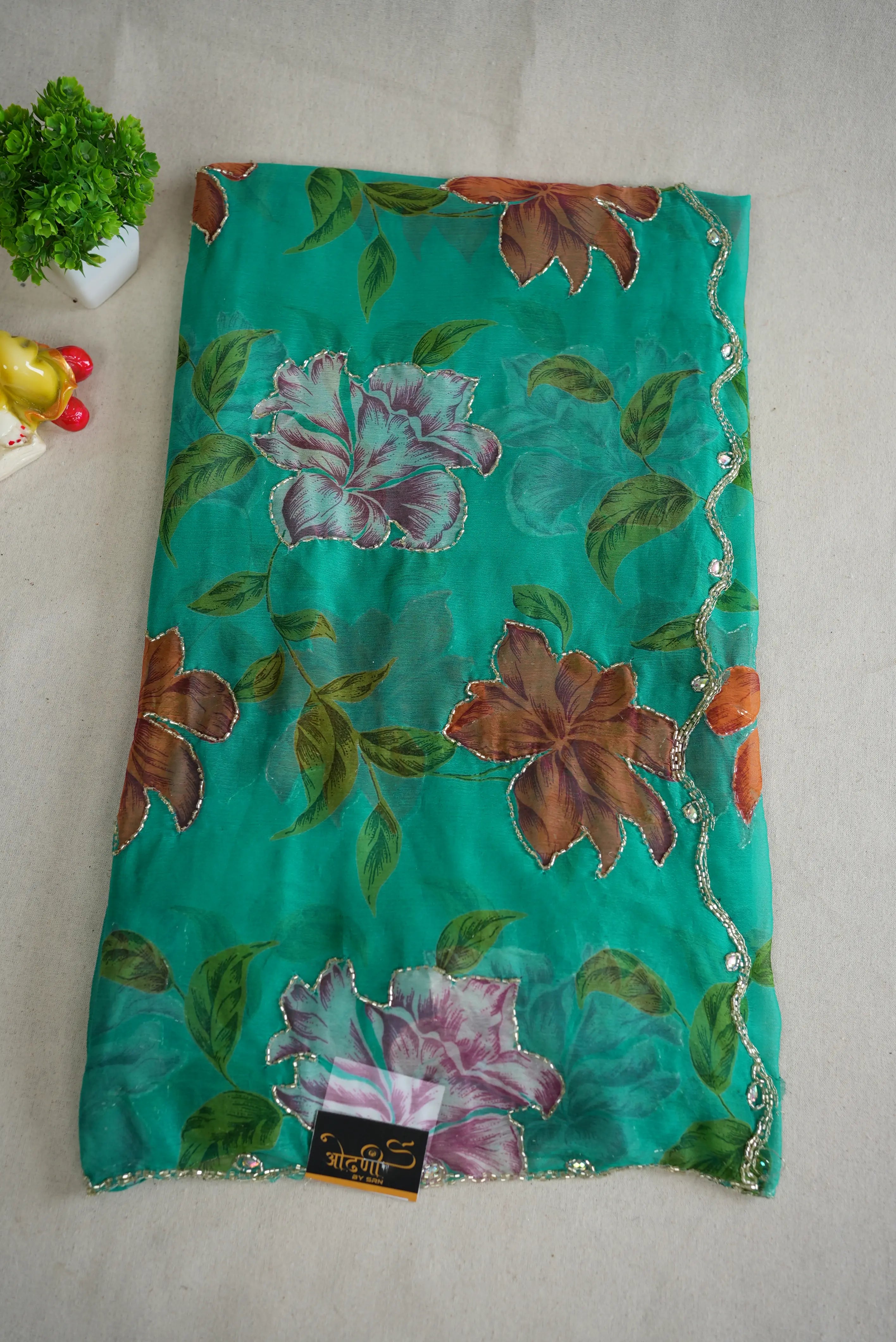 FLORAL PRINT ON NAZMIN CHIFFON FABRIC WITH CUTDANA WORK