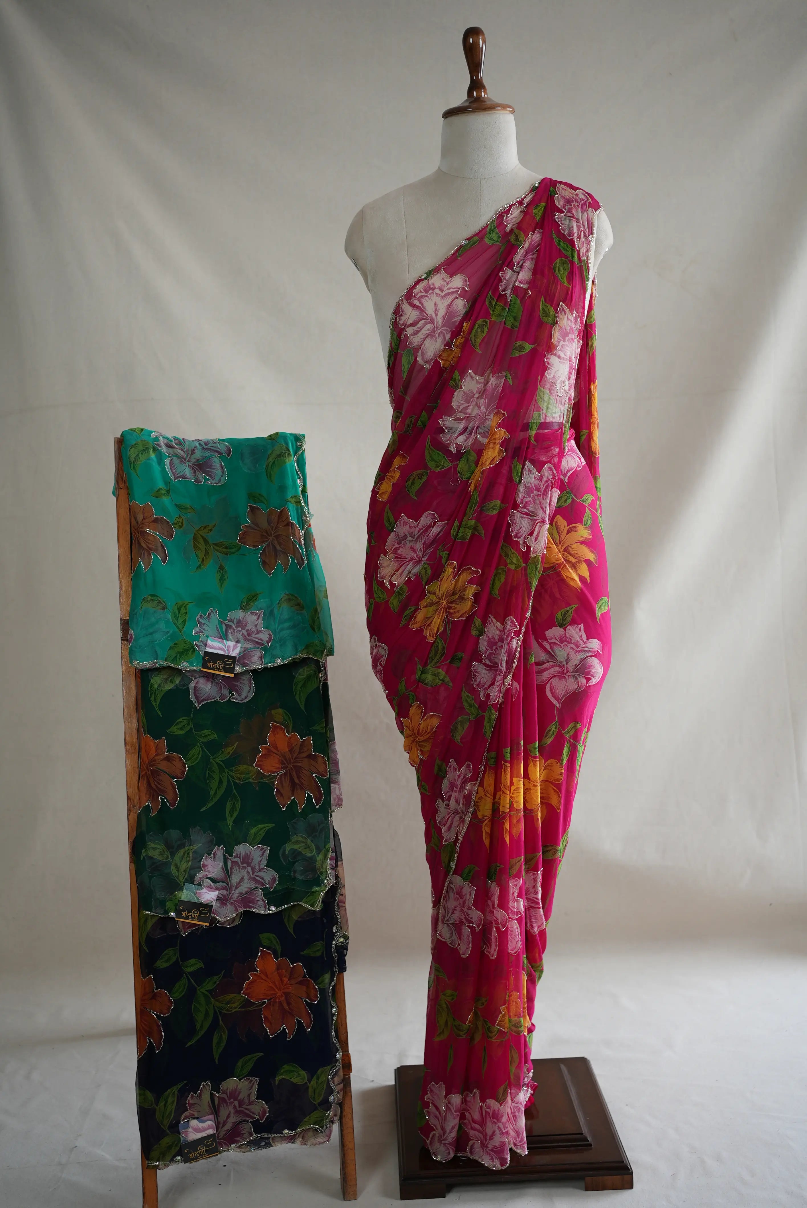FLORAL PRINT ON NAZMIN CHIFFON FABRIC WITH CUTDANA WORK