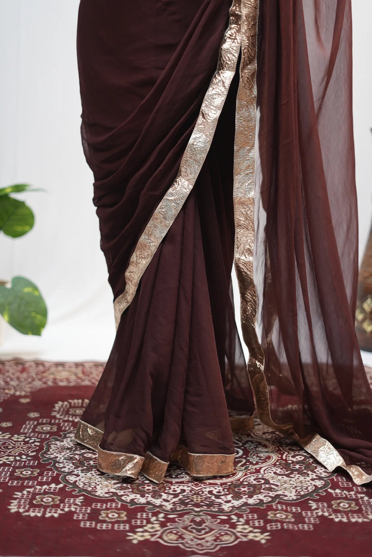 Coffee Brown Pure Chiffon Saree with Real Kharra Gotta Border Detail