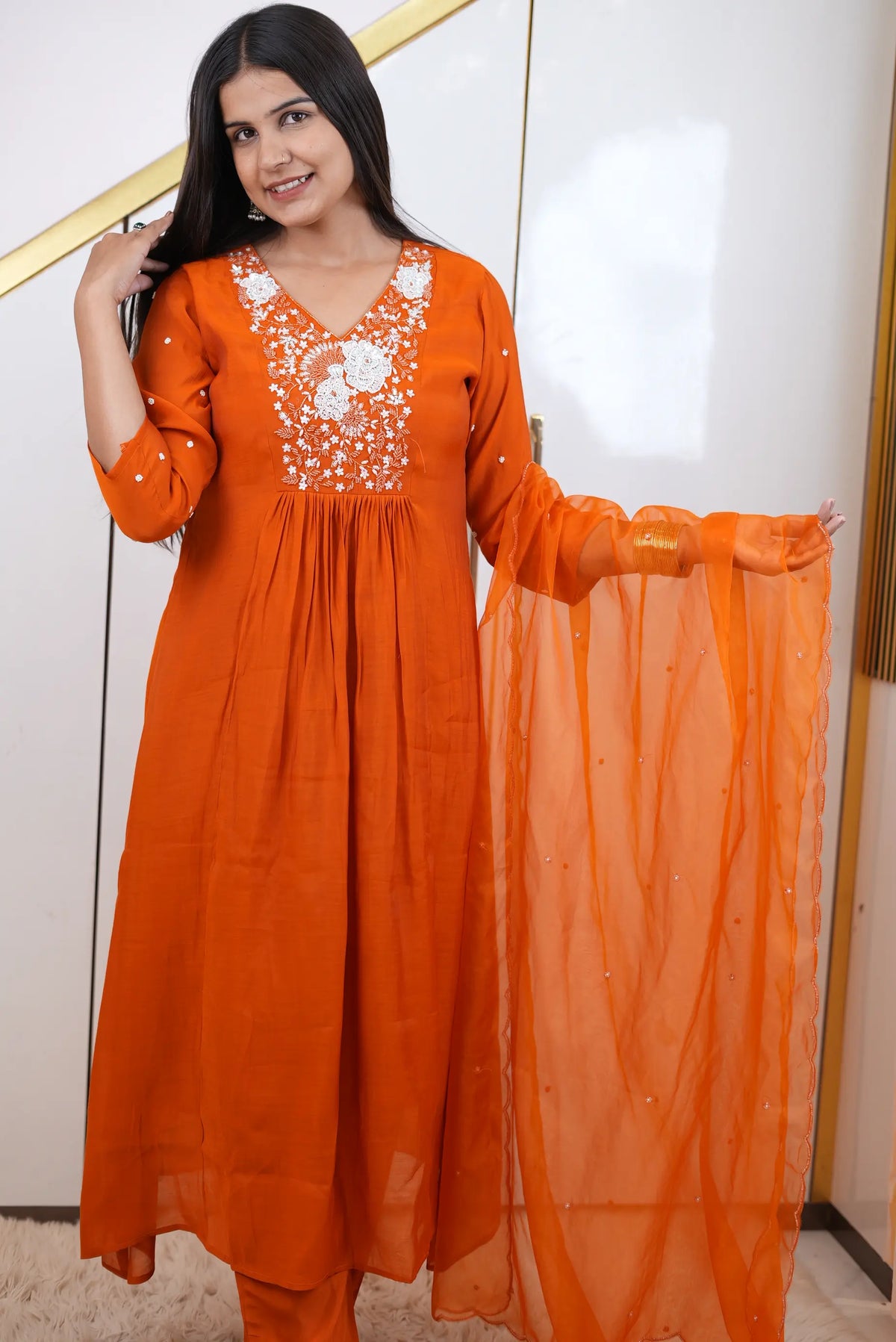 3-Piece Hand-Embroidered Mul Cotton Anarkali Suit Set with Plazo & Moti Border Dupatta