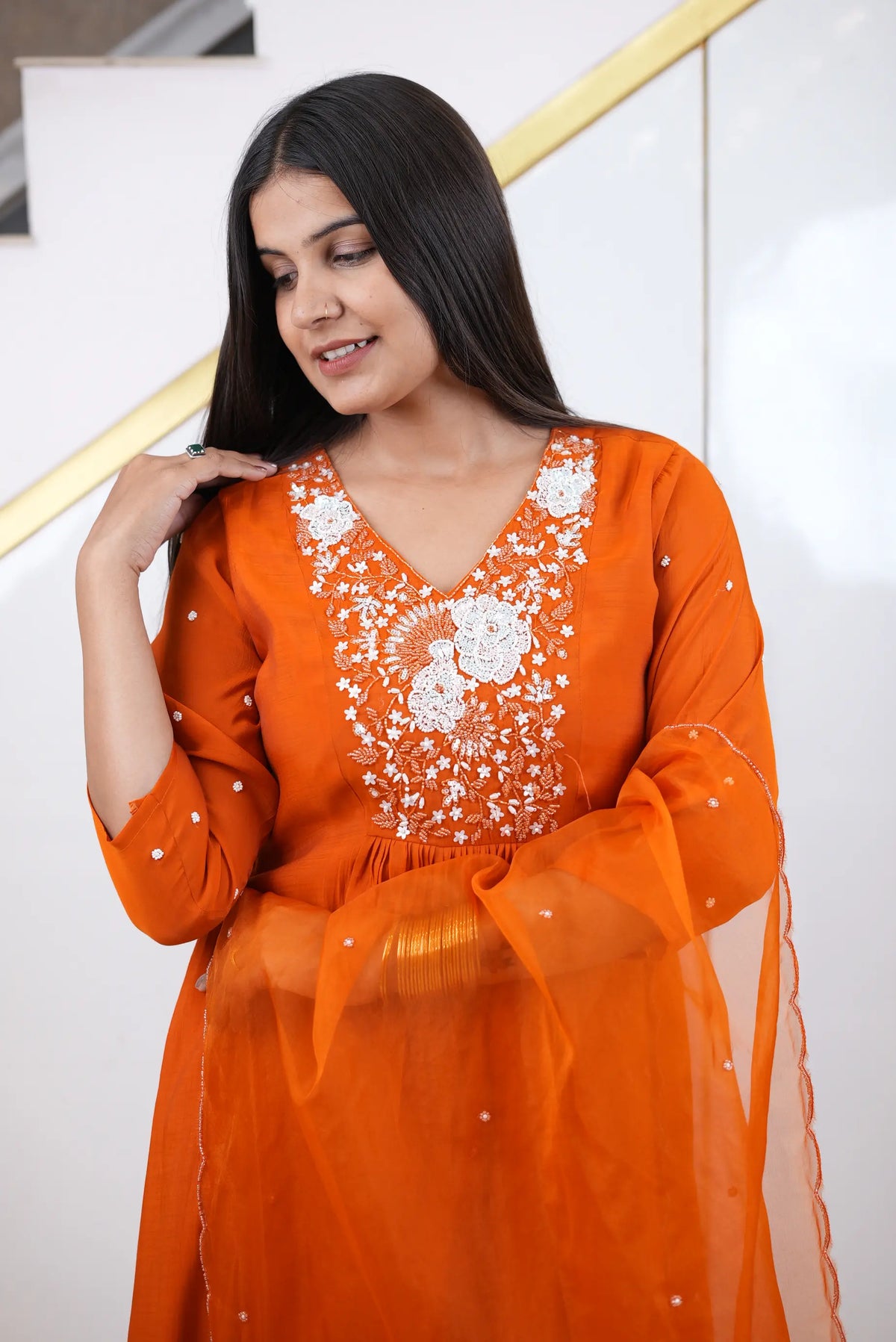 3-Piece Hand-Embroidered Mul Cotton Anarkali Suit Set with Plazo & Moti Border Dupatta