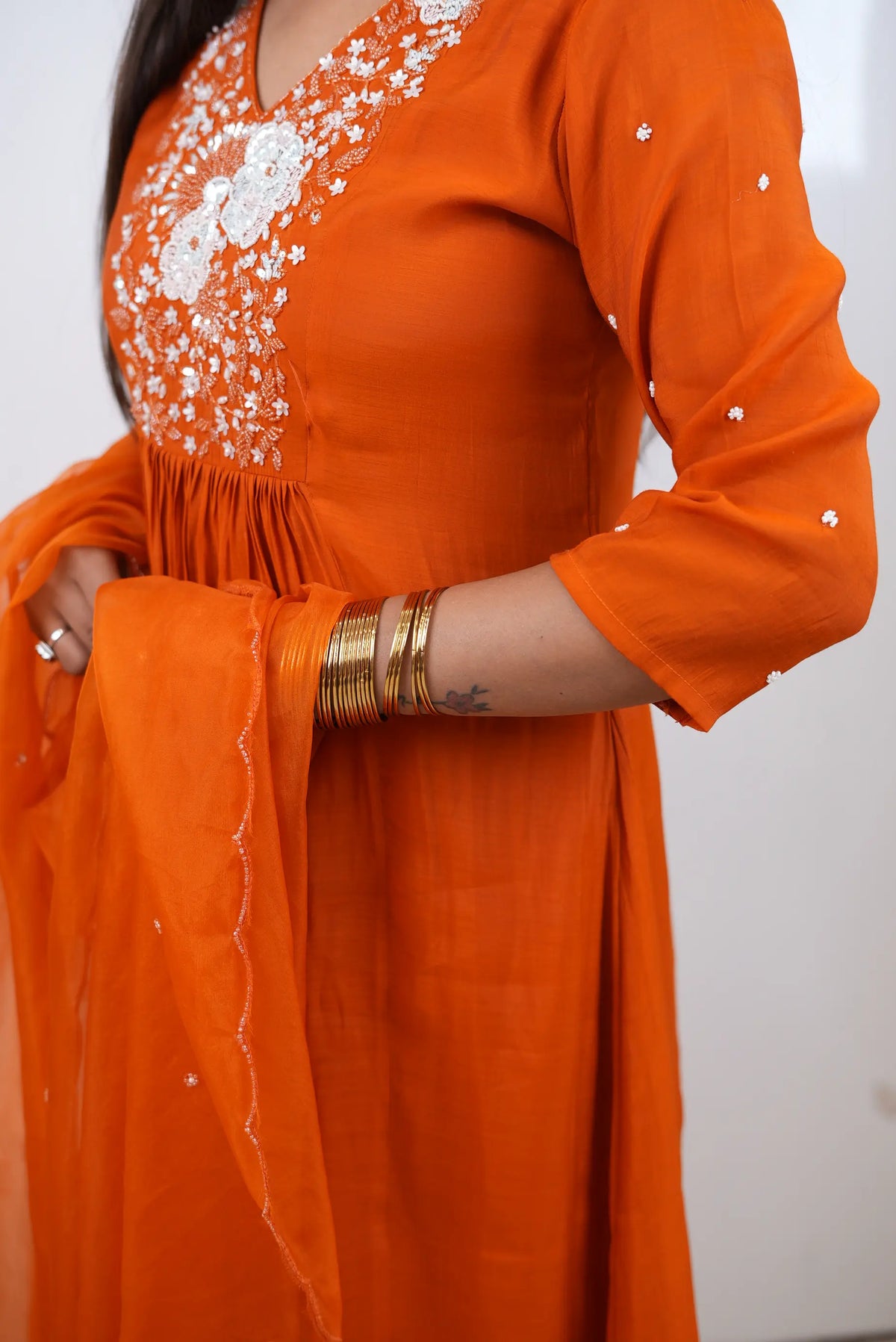 3-Piece Hand-Embroidered Mul Cotton Anarkali Suit Set with Plazo & Moti Border Dupatta