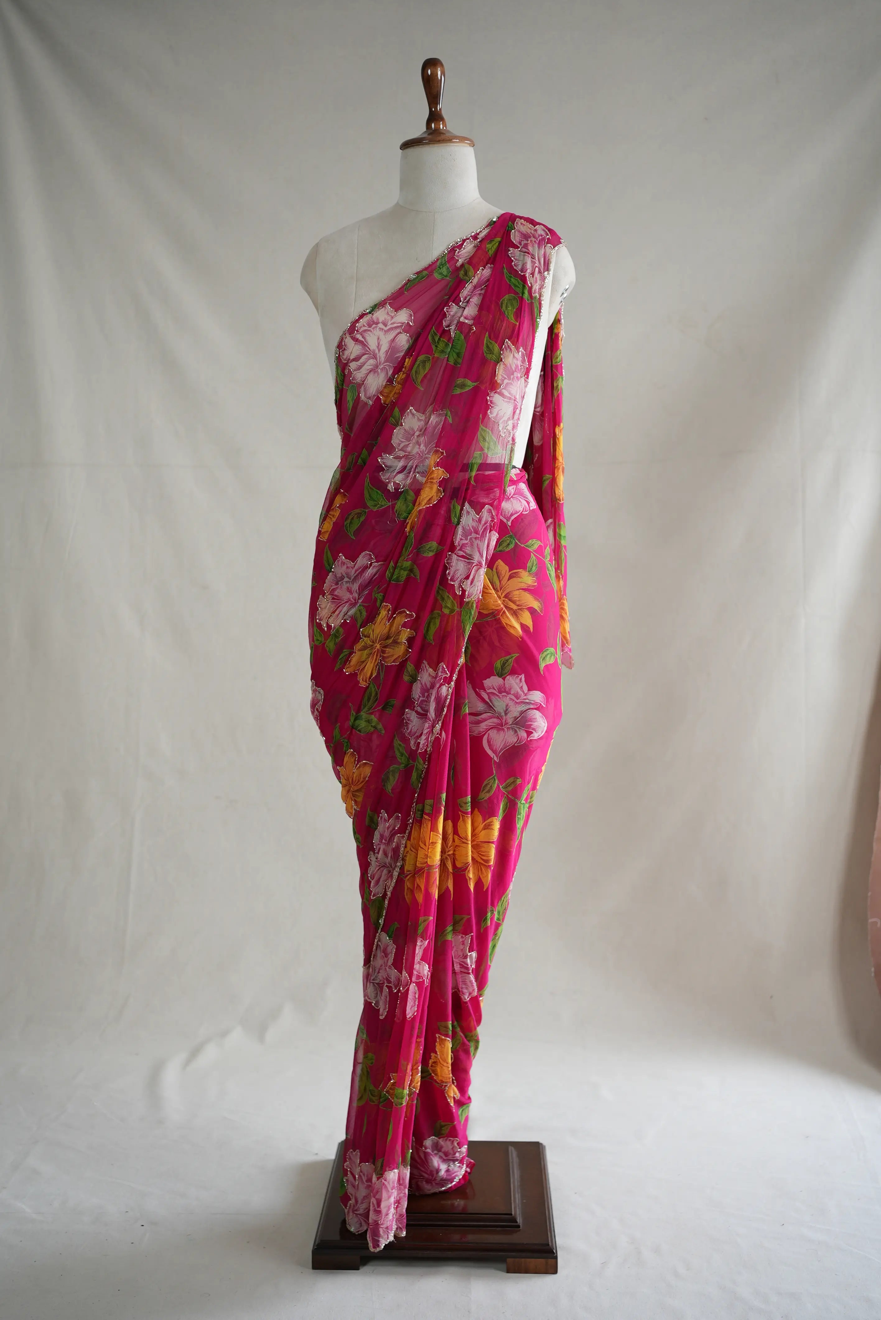 FLORAL PRINT ON NAZMIN CHIFFON FABRIC WITH CUTDANA WORK