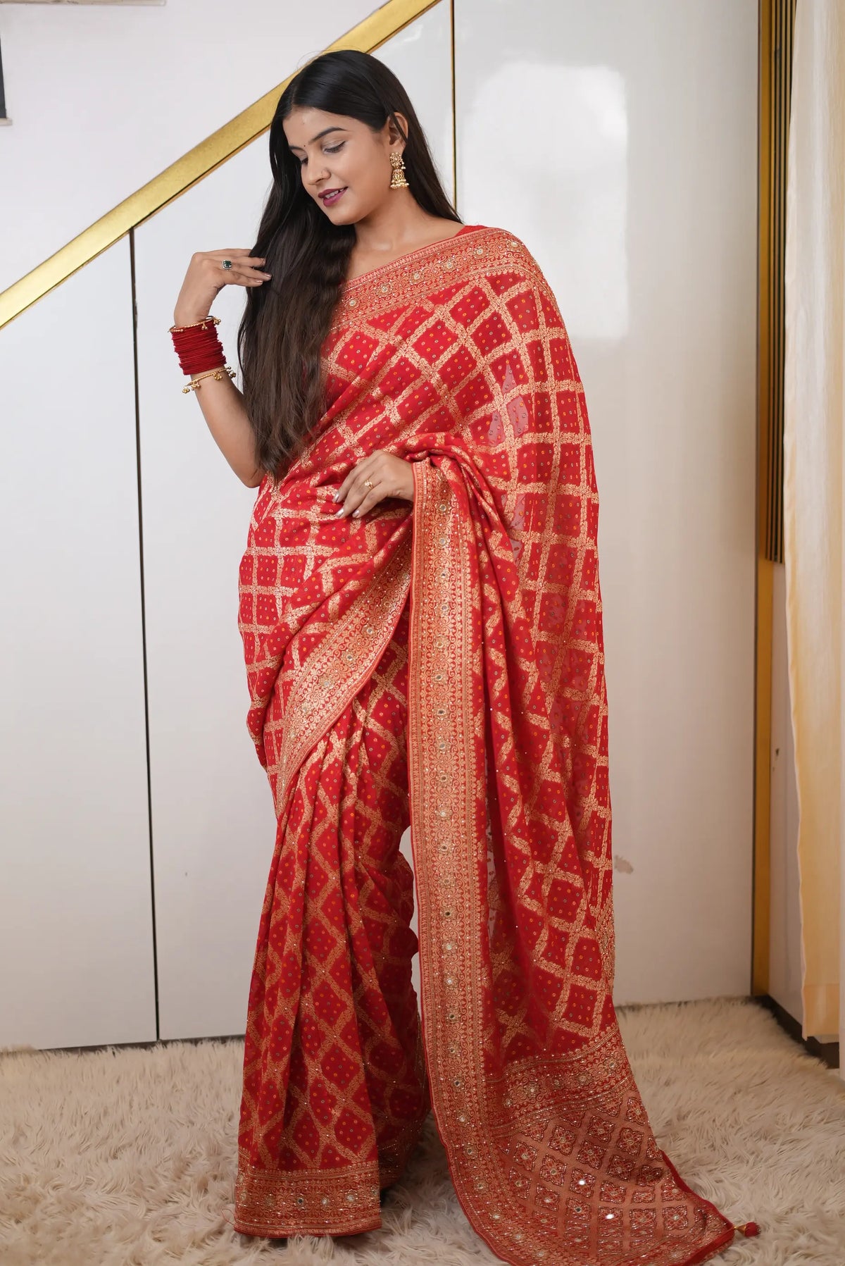 Pure Khaddi Georgette Ghat-chola Bandhani Saree with Kolkata Handwork (Cutdana, Mirror & Zari) - (with Blouse)