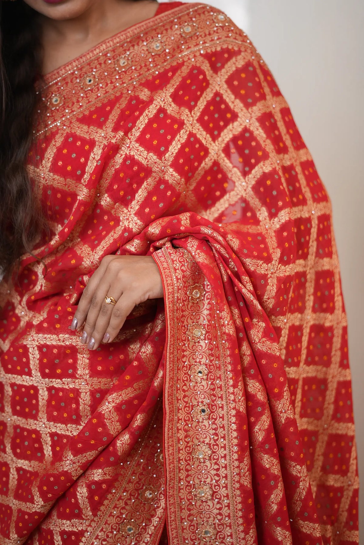 Pure Khaddi Georgette Ghat-chola Bandhani Saree with Kolkata Handwork (Cutdana, Mirror & Zari) - (with Blouse)