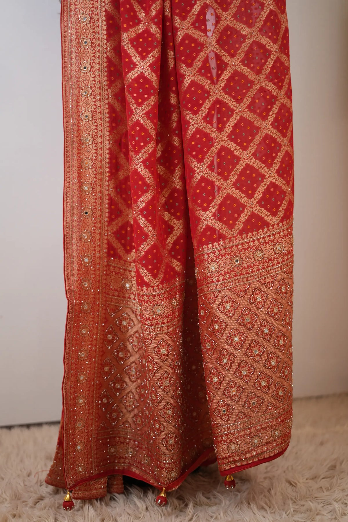 Pure Khaddi Georgette Ghat-chola Bandhani Saree with Kolkata Handwork (Cutdana, Mirror & Zari) - (with Blouse)