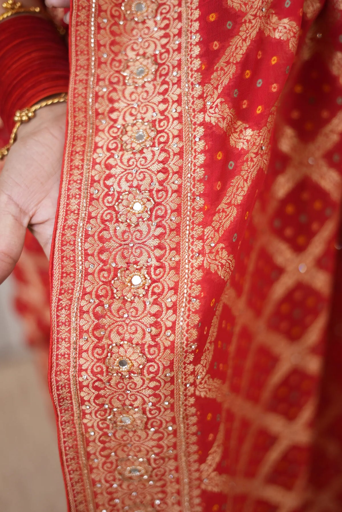 Pure Khaddi Georgette Ghat-chola Bandhani Saree with Kolkata Handwork (Cutdana, Mirror & Zari) - (with Blouse)