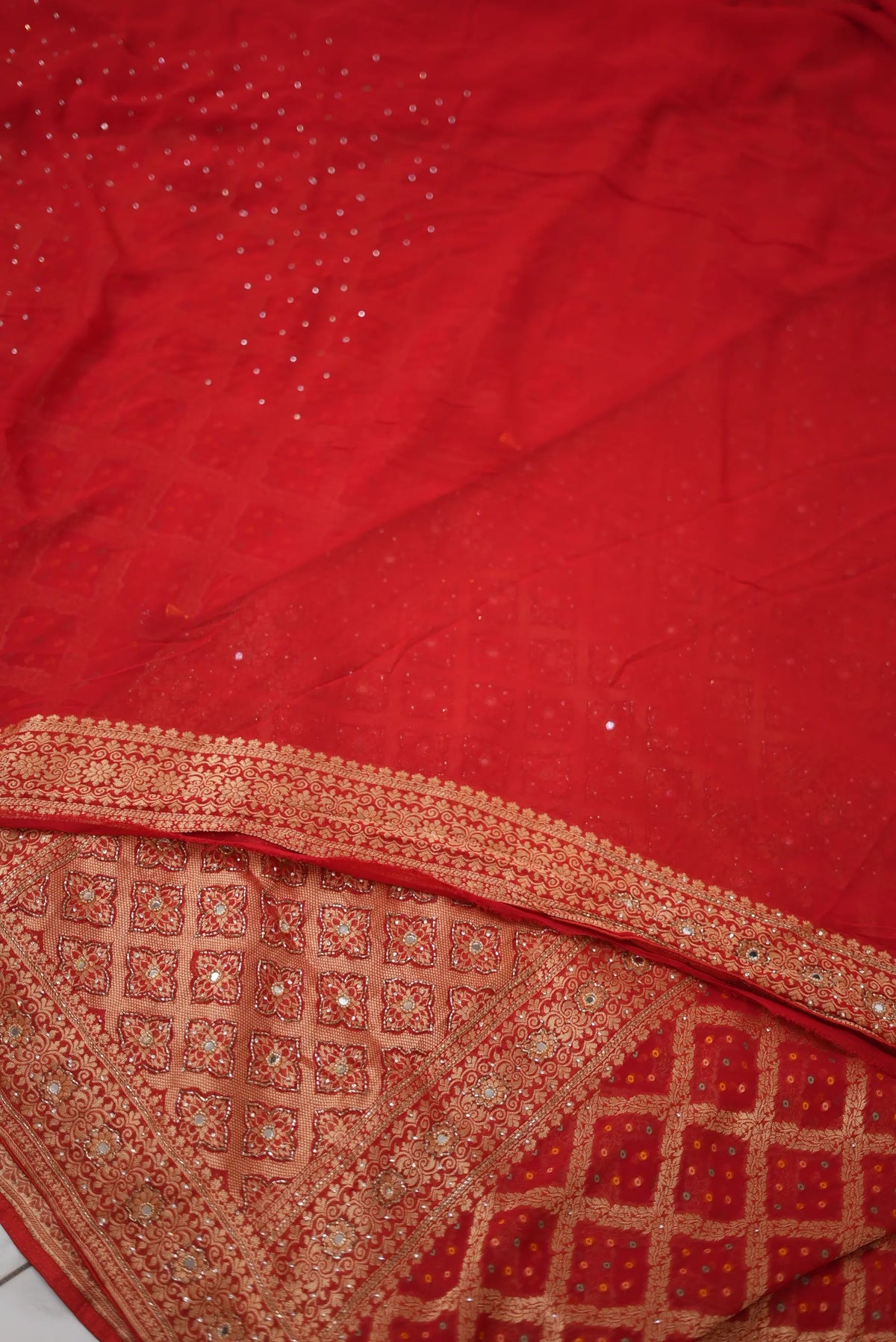 Pure Khaddi Georgette Ghat-chola Bandhani Saree with Kolkata Handwork (Cutdana, Mirror & Zari) - (with Blouse)