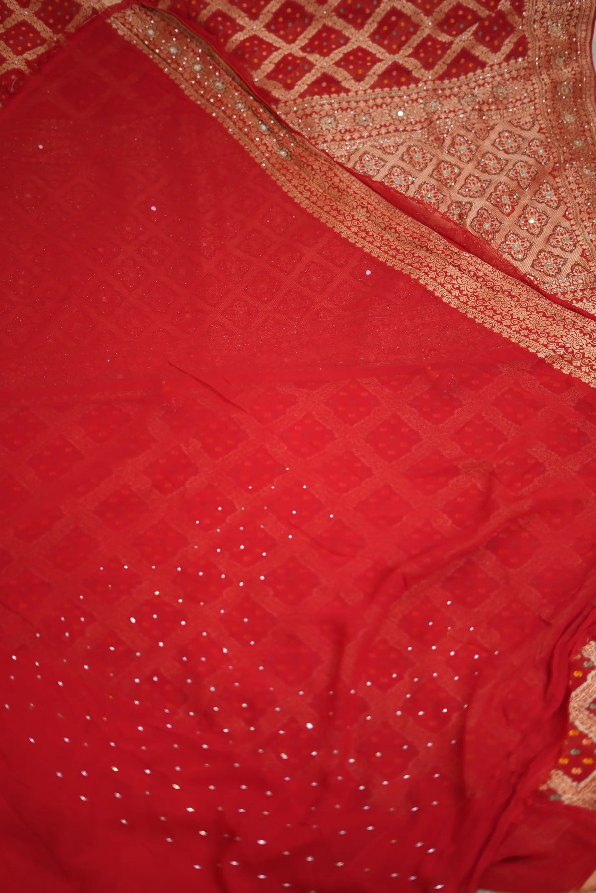 Pure Khaddi Georgette Ghat-chola Bandhani Saree with Kolkata Handwork (Cutdana, Mirror & Zari) - (with Blouse)