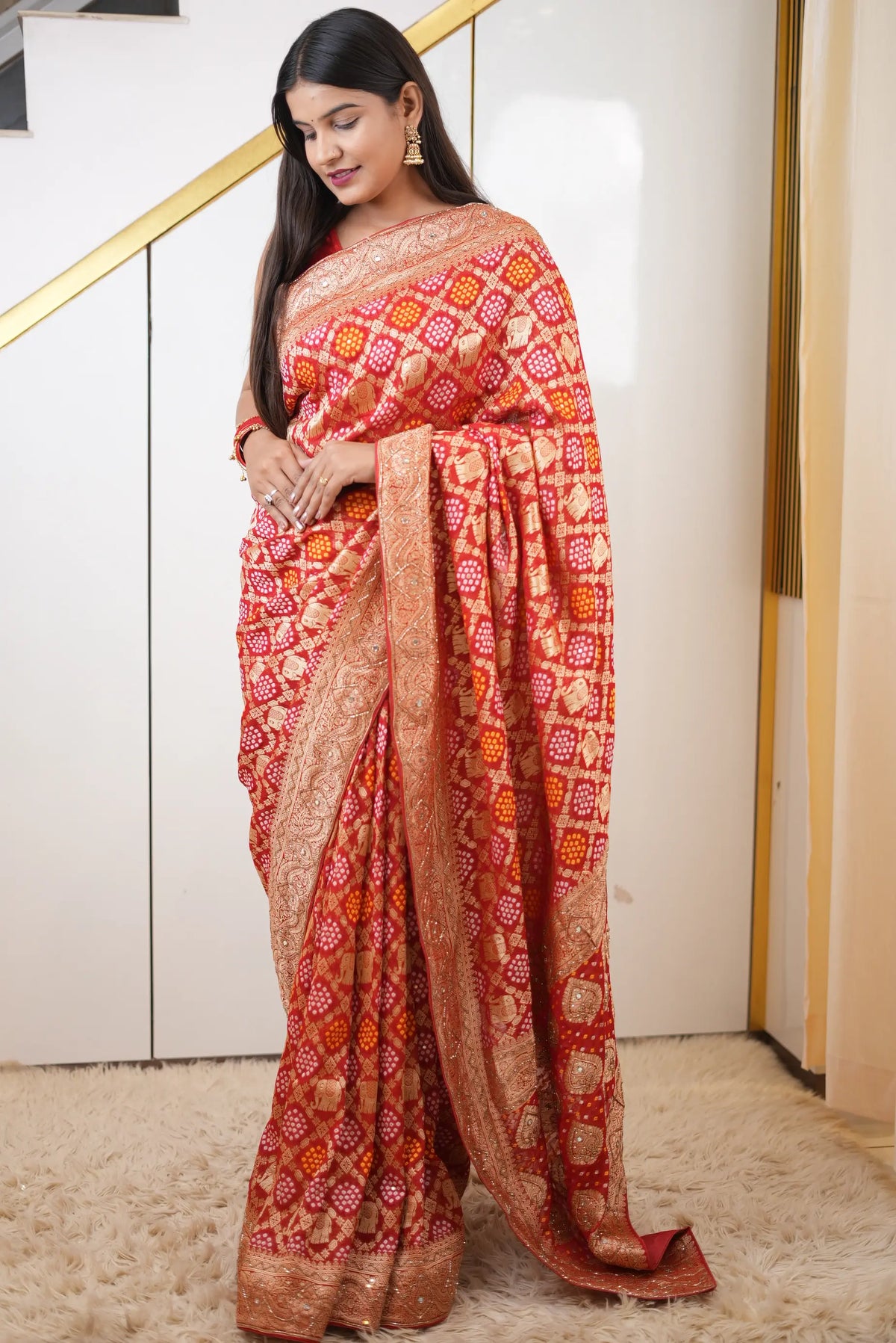 Pure Khaddi Georgette Ghatchola Bandhani Saree with Elephant Motifs & Kolkata Handwork (Cutdana, Mirror & Zari) - (with Blouse)