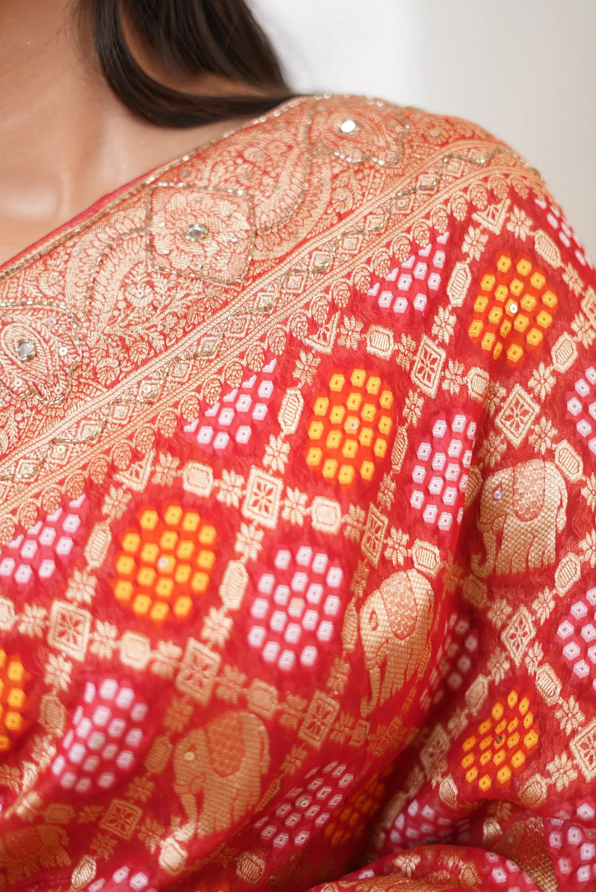 Pure Khaddi Georgette Ghatchola Bandhani Saree with Elephant Motifs & Kolkata Handwork (Cutdana, Mirror & Zari) - (with Blouse)