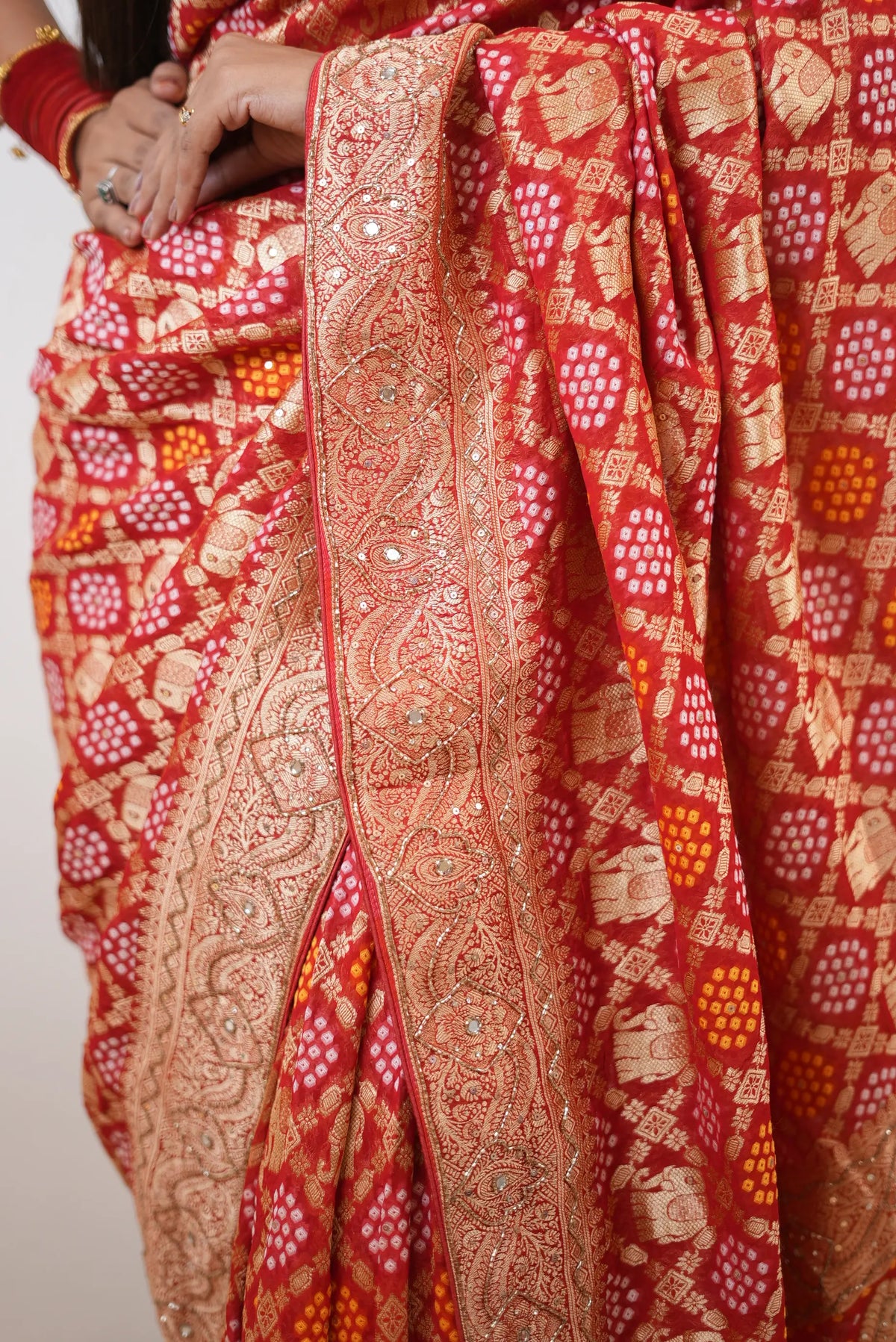 Pure Khaddi Georgette Ghatchola Bandhani Saree with Elephant Motifs & Kolkata Handwork (Cutdana, Mirror & Zari) - (with Blouse)