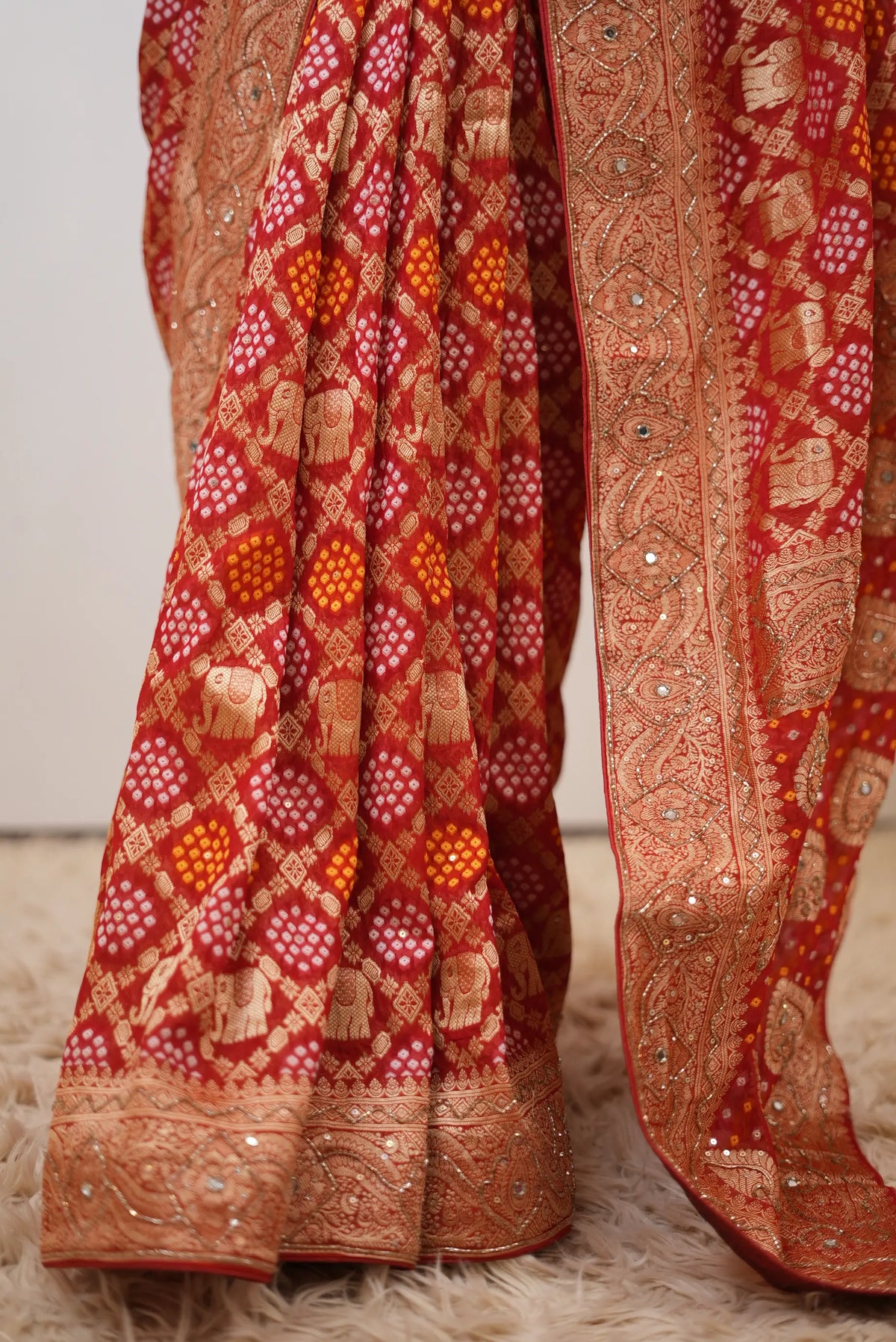 Pure Khaddi Georgette Ghatchola Bandhani Saree with Elephant Motifs & Kolkata Handwork (Cutdana, Mirror & Zari) - (with Blouse)