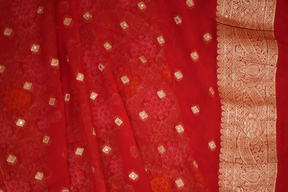 Pure Khaddi Georgette Ghatchola Bandhani Saree with Elephant Motifs & Kolkata Handwork (Cutdana, Mirror & Zari) - (with Blouse)