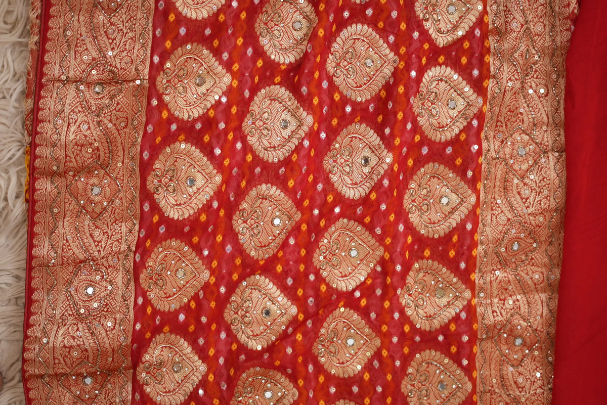 Pure Khaddi Georgette Ghatchola Bandhani Saree with Elephant Motifs & Kolkata Handwork (Cutdana, Mirror & Zari) - (with Blouse)