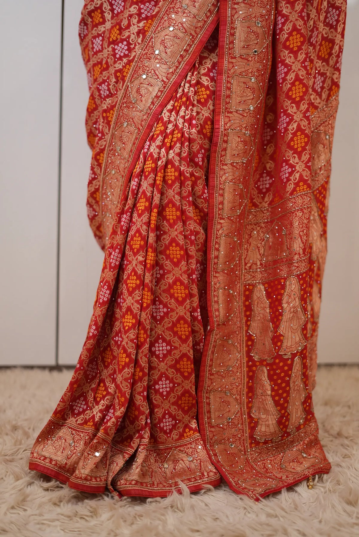 Pure Khaddi Georgette Ghatchola Bandhani Saree with Doli Baarat Pattern & Kolkata Handwork (Cutdana, Mirror & Zari) - (with Blouse)