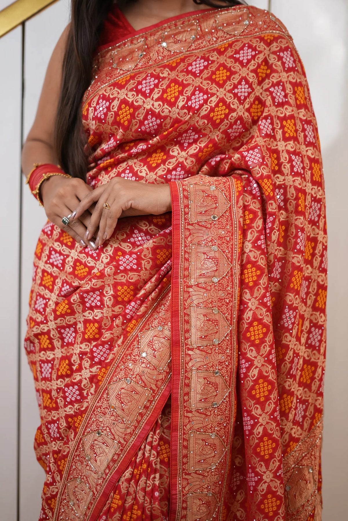 Pure Khaddi Georgette Ghatchola Bandhani Saree with Doli Baarat Pattern & Kolkata Handwork (Cutdana, Mirror & Zari) - (with Blouse)