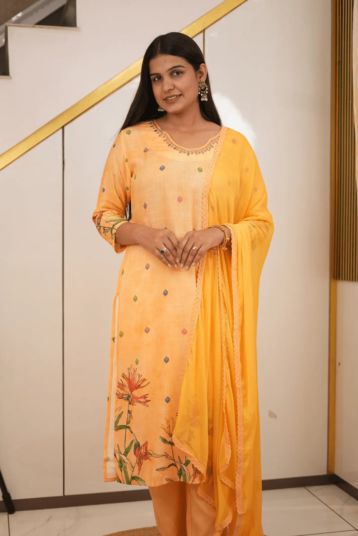 Elegant Mustard Yellow Floral Printed 3-Piece Kurta Suit Set with Embroidered Mirror Work Neckline & Lace Border Dupatta