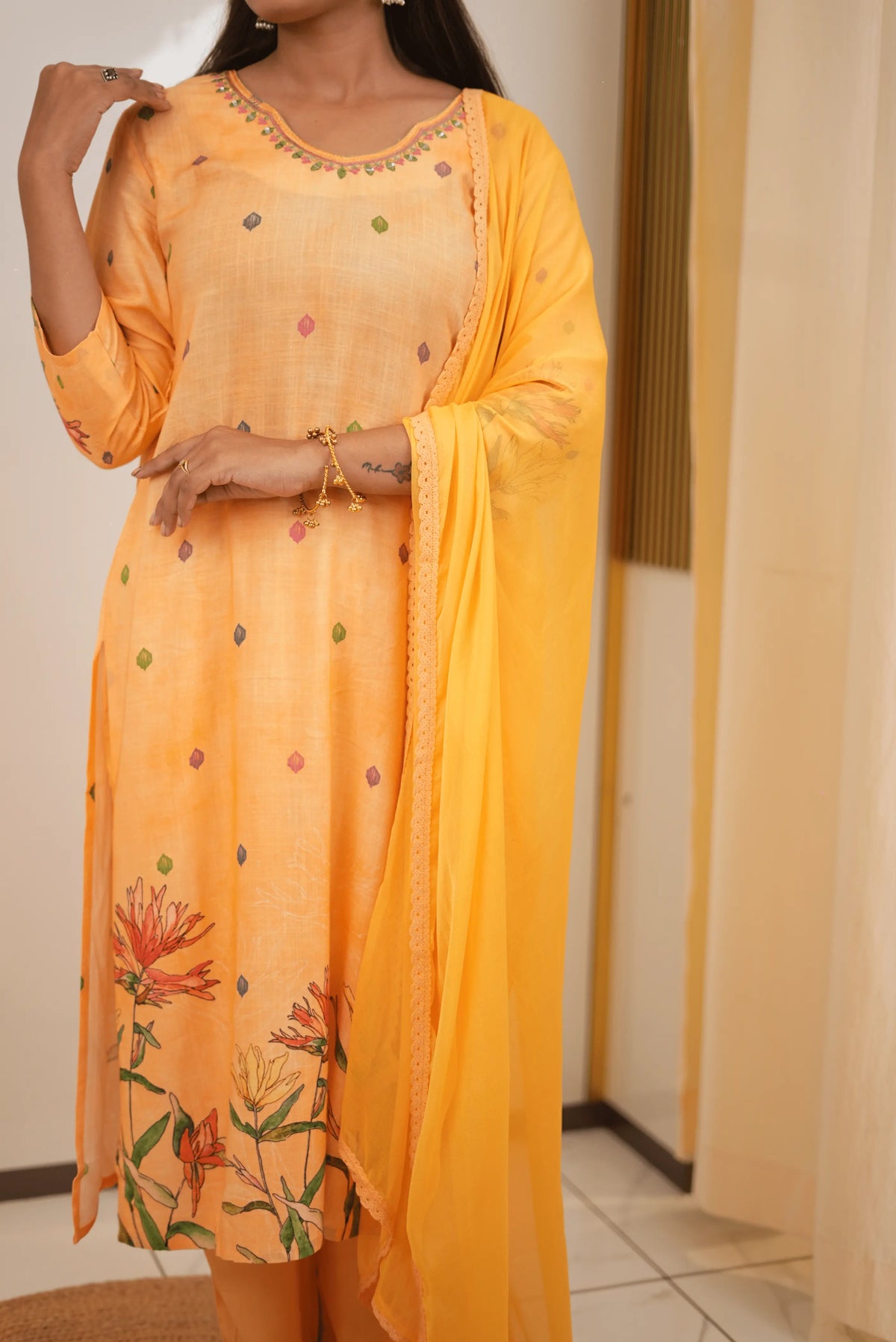 Elegant Mustard Yellow Floral Printed 3-Piece Kurta Suit Set with Embroidered Mirror Work Neckline & Lace Border Dupatta