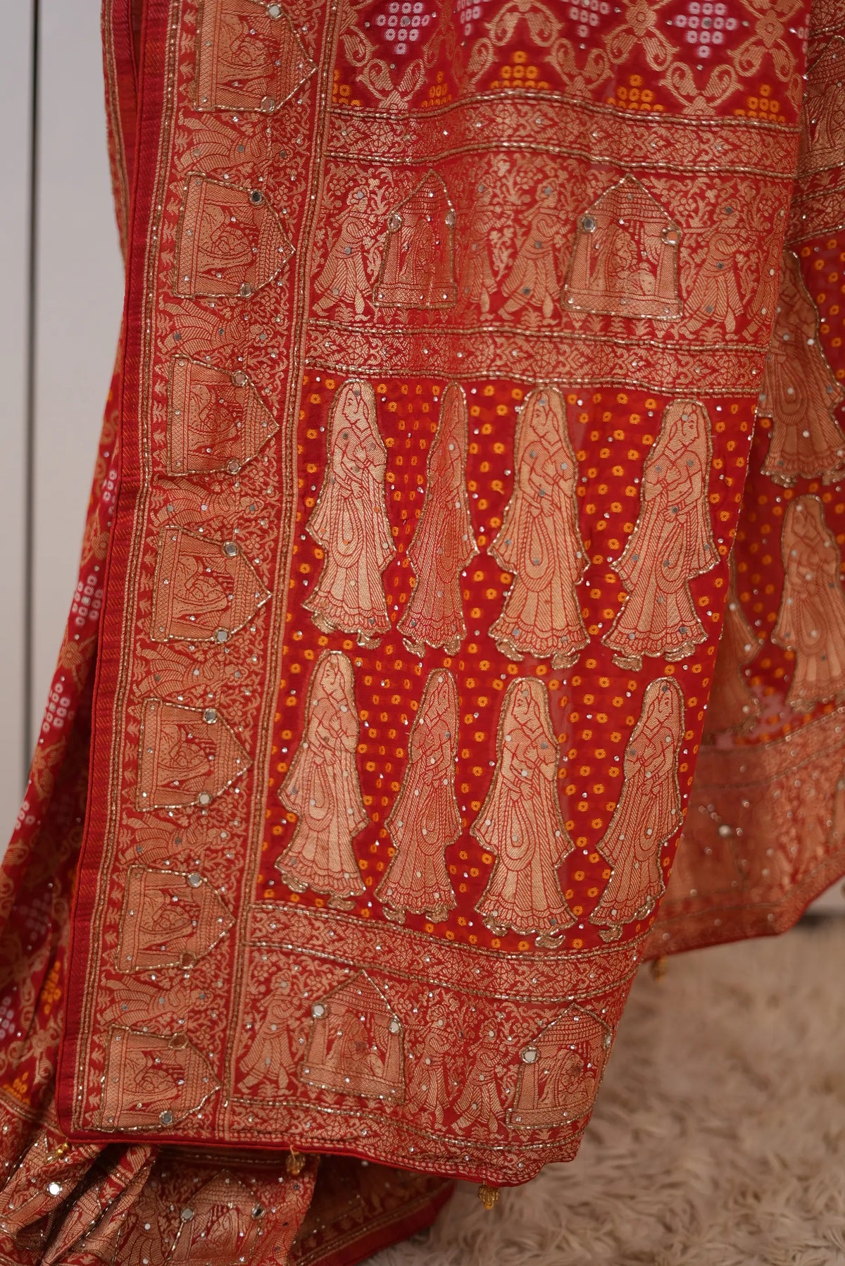 Pure Khaddi Georgette Ghatchola Bandhani Saree with Doli Baarat Pattern & Kolkata Handwork (Cutdana, Mirror & Zari) - (with Blouse)