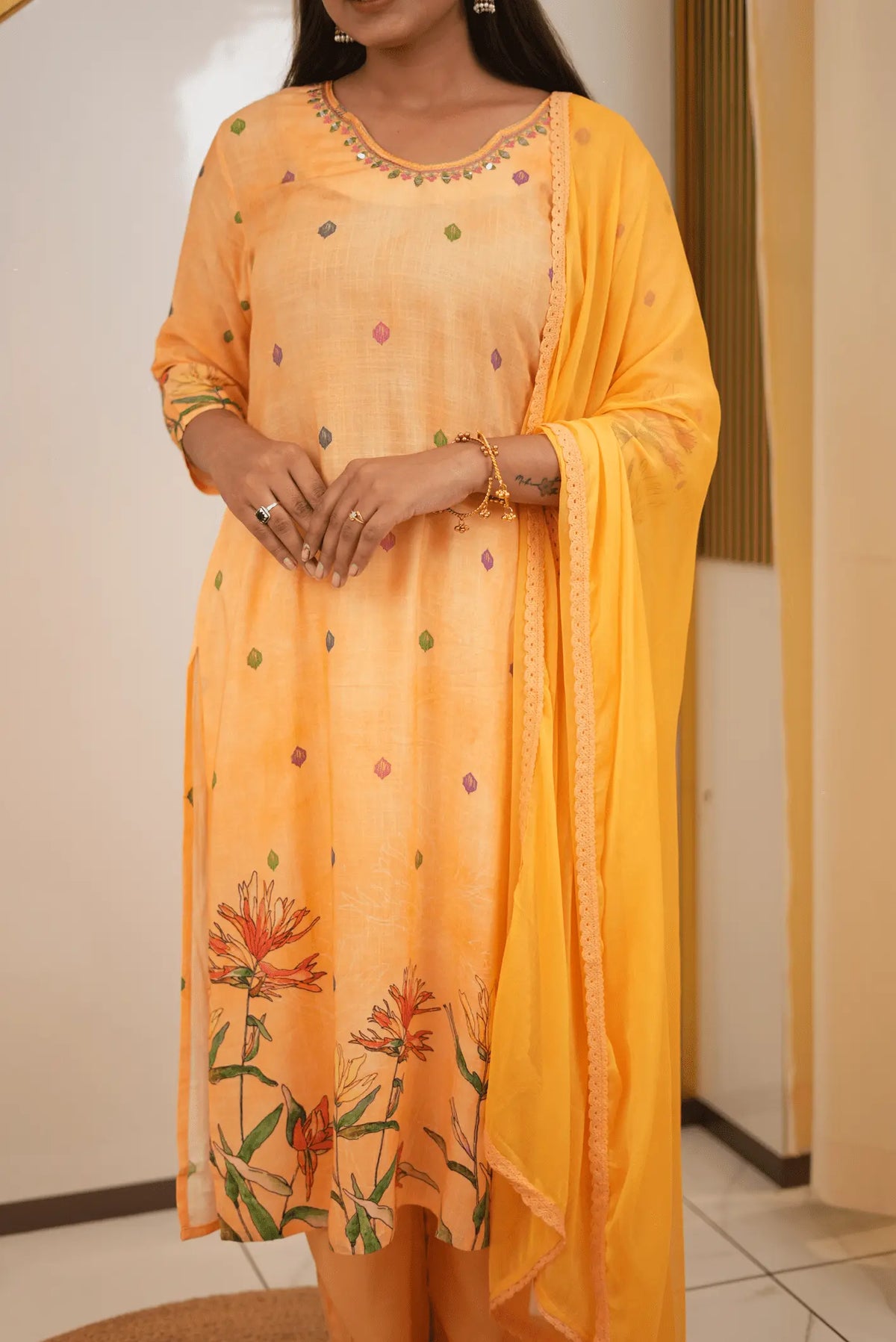 Elegant Mustard Yellow Floral Printed 3-Piece Kurta Suit Set with Embroidered Mirror Work Neckline & Lace Border Dupatta