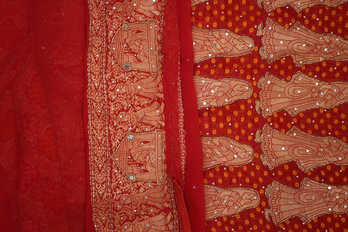 Pure Khaddi Georgette Ghatchola Bandhani Saree with Doli Baarat Pattern & Kolkata Handwork (Cutdana, Mirror & Zari) - (with Blouse)