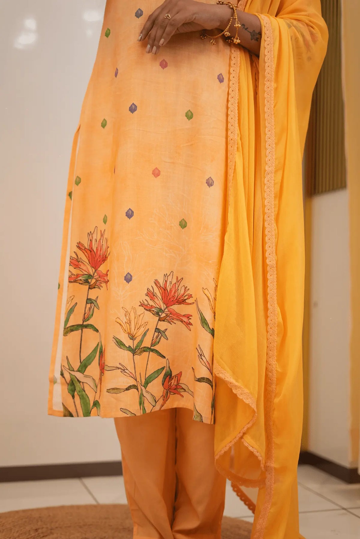 Elegant Mustard Yellow Floral Printed 3-Piece Kurta Suit Set with Embroidered Mirror Work Neckline & Lace Border Dupatta
