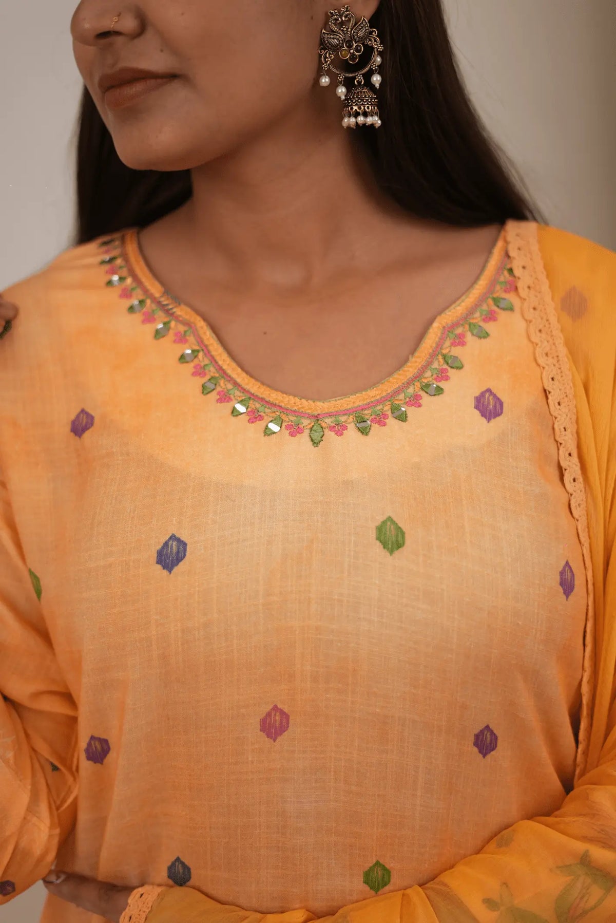 Elegant Mustard Yellow Floral Printed 3-Piece Kurta Suit Set with Embroidered Mirror Work Neckline & Lace Border Dupatta