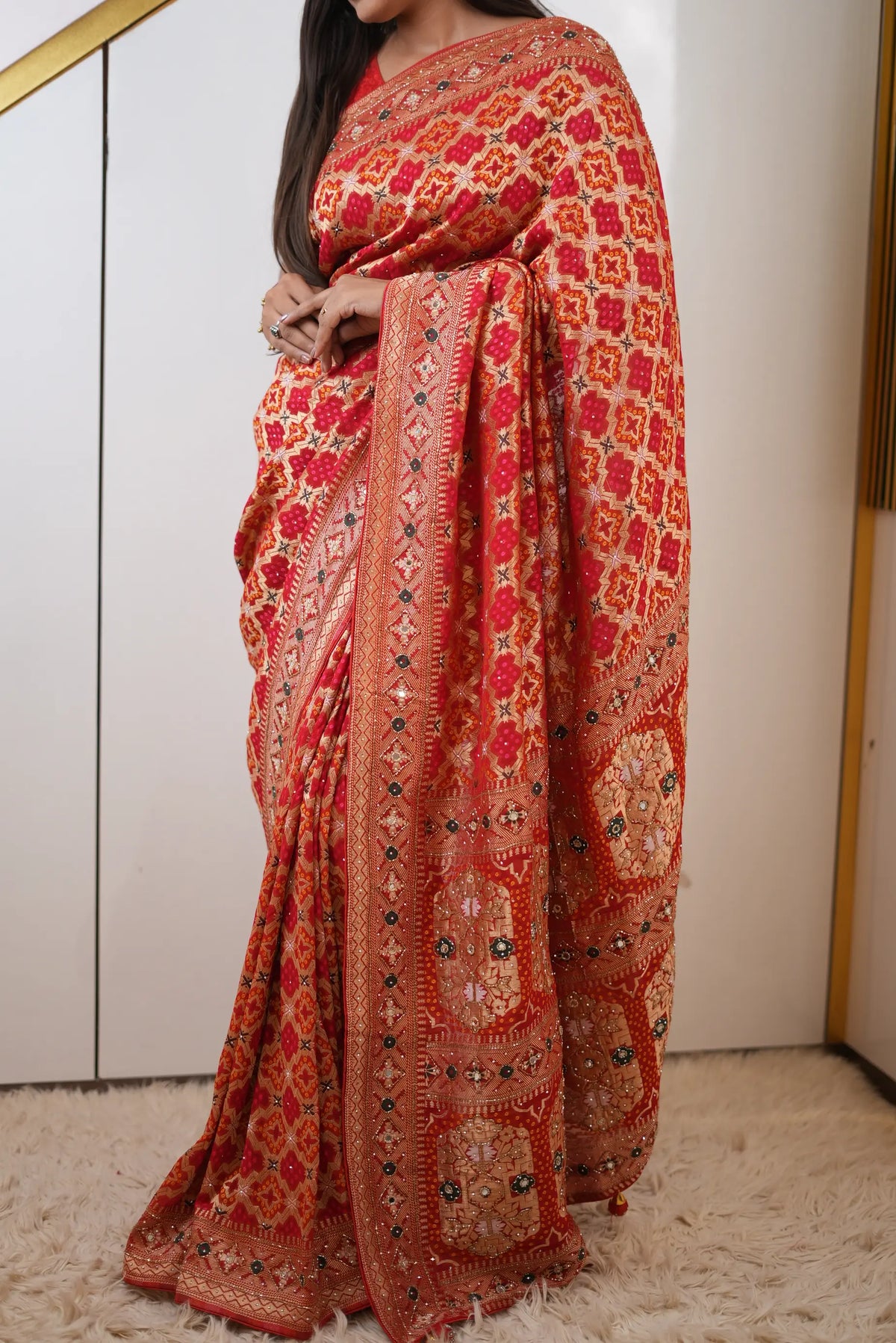 Pure Khaddi Georgette Bandhani Minakari Print Saree with Intricate Kolkata Handwork (Cutdana, Mirror & Zari Embroidery) - (with Blouse)